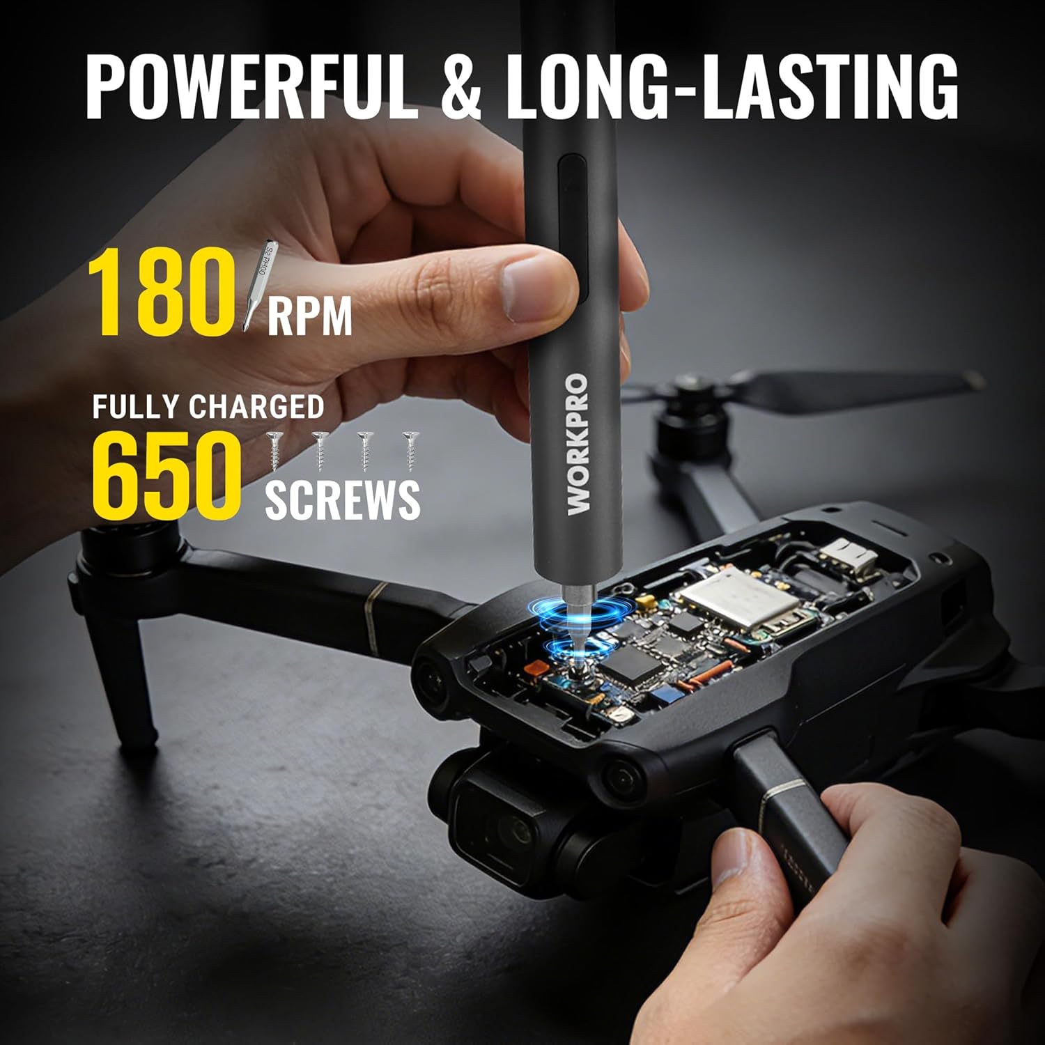 Rechargeable mini electric screwdriver with magnet tip and visible metal bit set