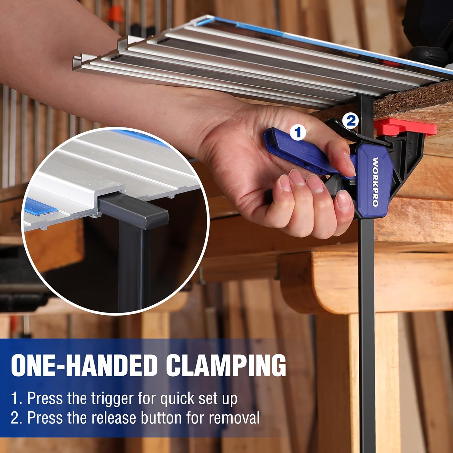 Hand pressing a blue track saw clamp quick-release trigger onto a guide rail.