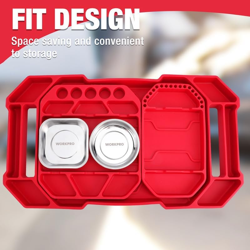Red silicone tool tray with two round metal magnetic holders and storage compartments