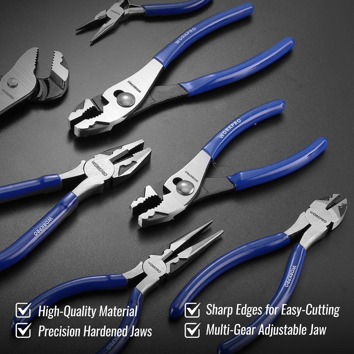 Workpro seven-piece pliers tool set in blue with high-quality material, precision-hardened jaws, and multi-gear adjustment.