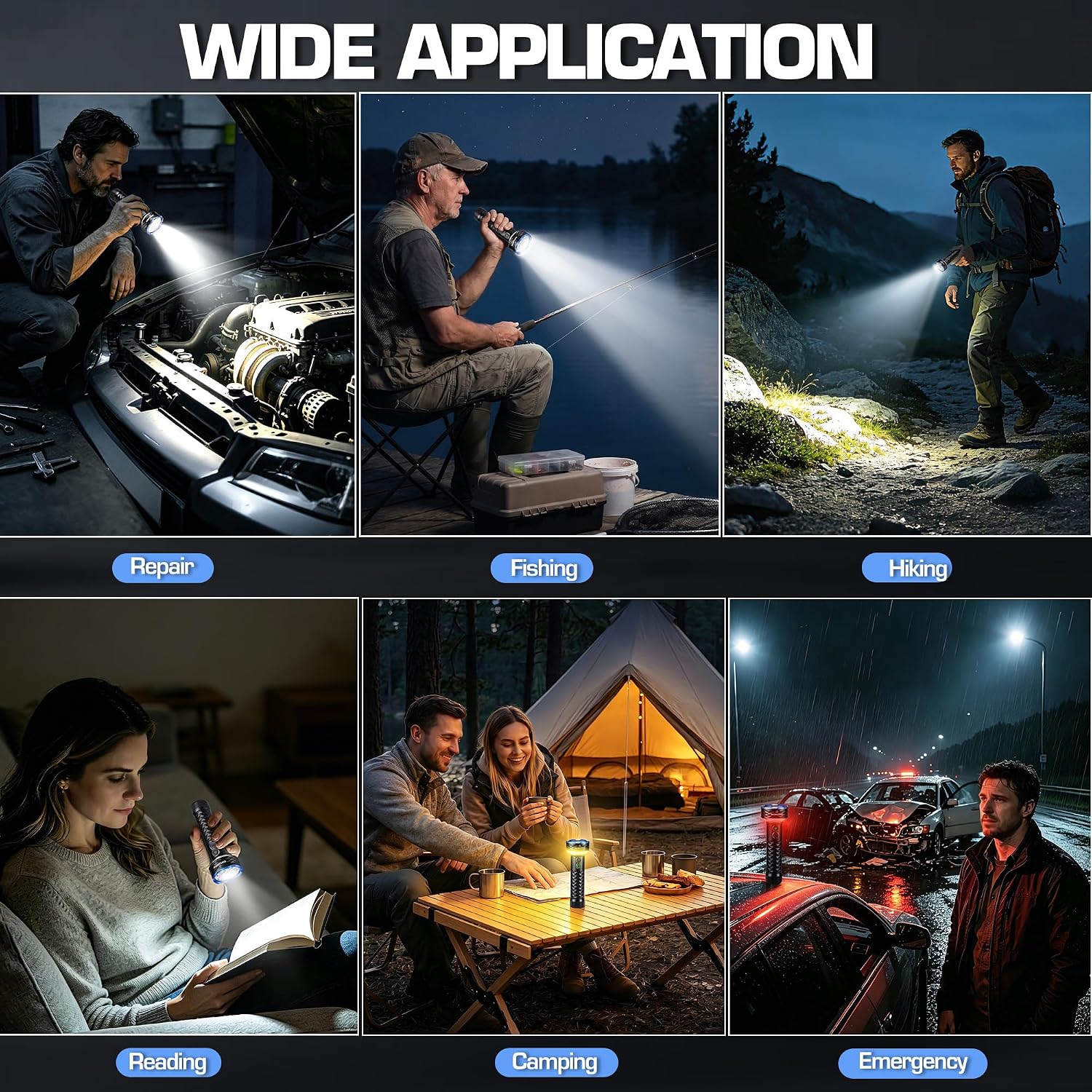 Rechargeable flashlight casting white light for repair, fishing, camping, and emergency use