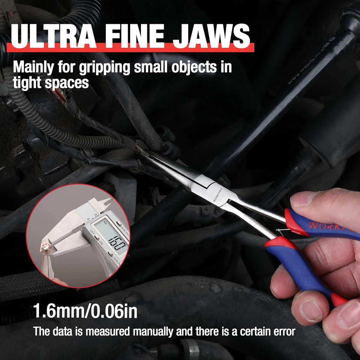 Needle-nose pliers gripping small wire in tight spaces; blue-red handles