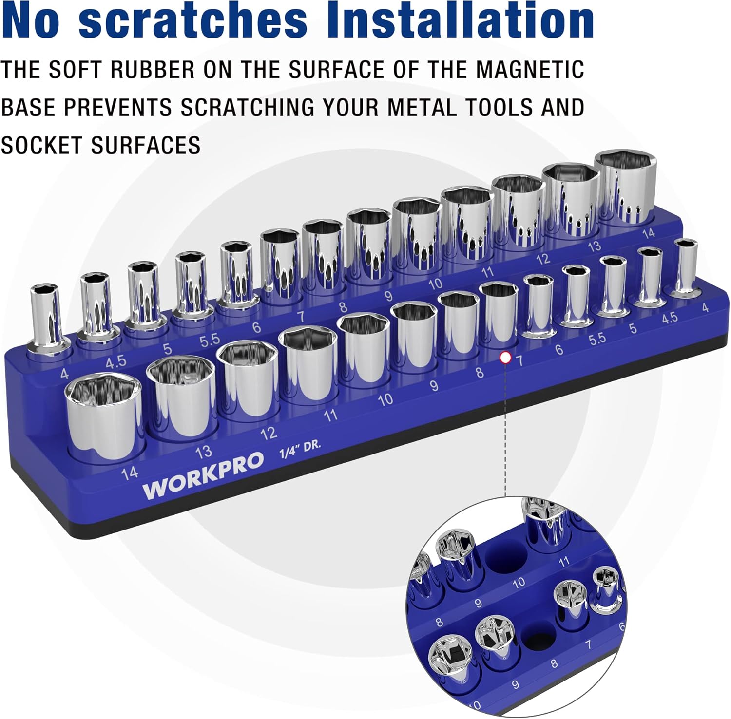 Blue magnetic socket organizer with chrome deep and standard socket holders