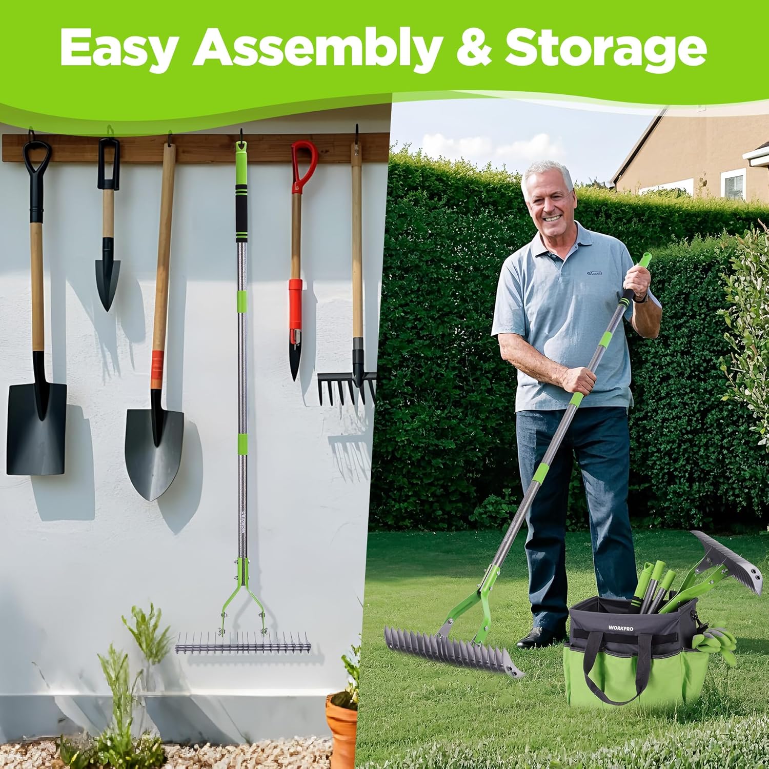 Dethatching rake and rake heads with green handle, shown on a wall storage panel