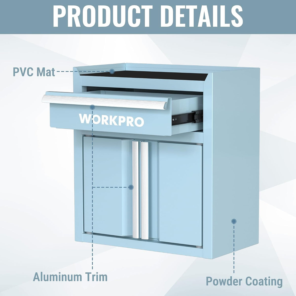 Workpro stackable metal toolbox in light blue with PVC mat, aluminum trim and powder coating.