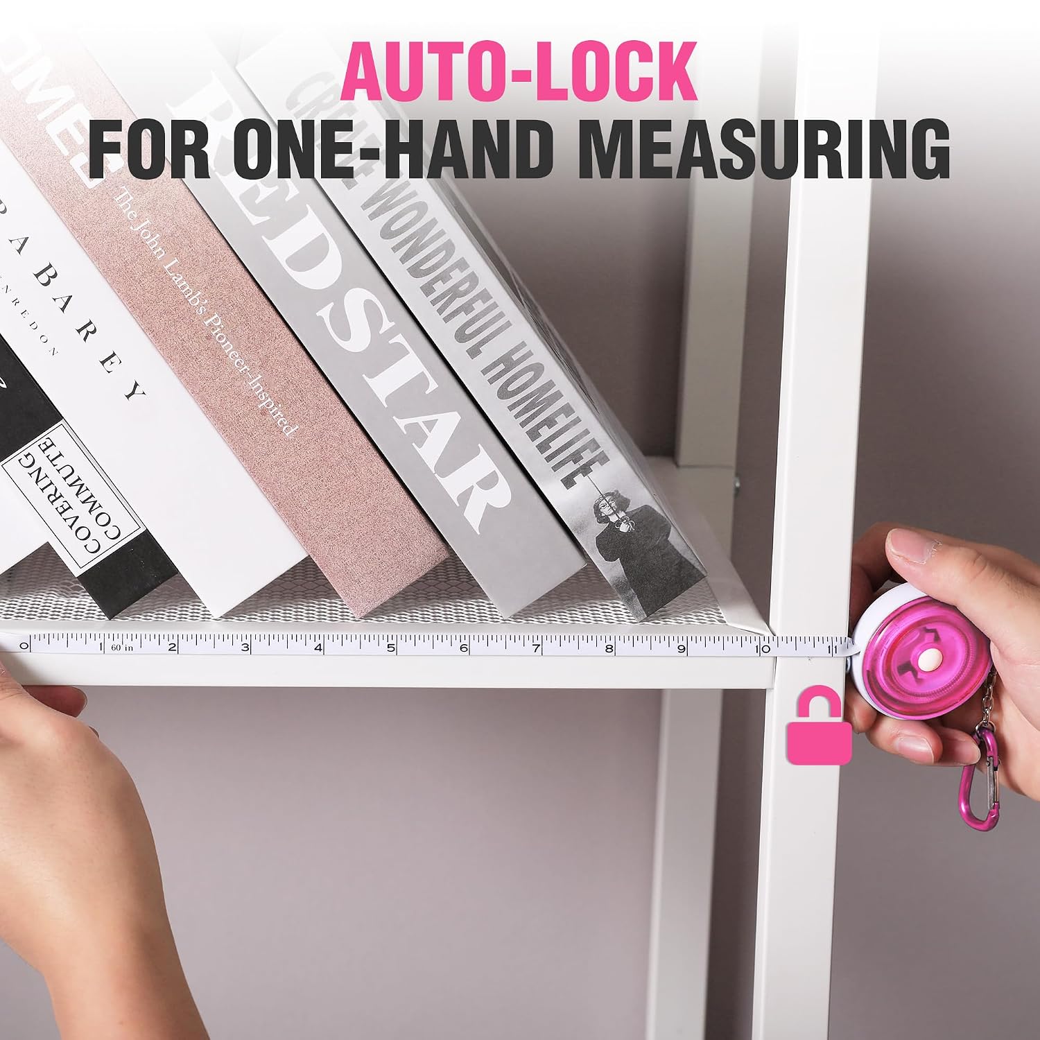 Pink retractable tape measure with auto-lock feature and carabiner clip