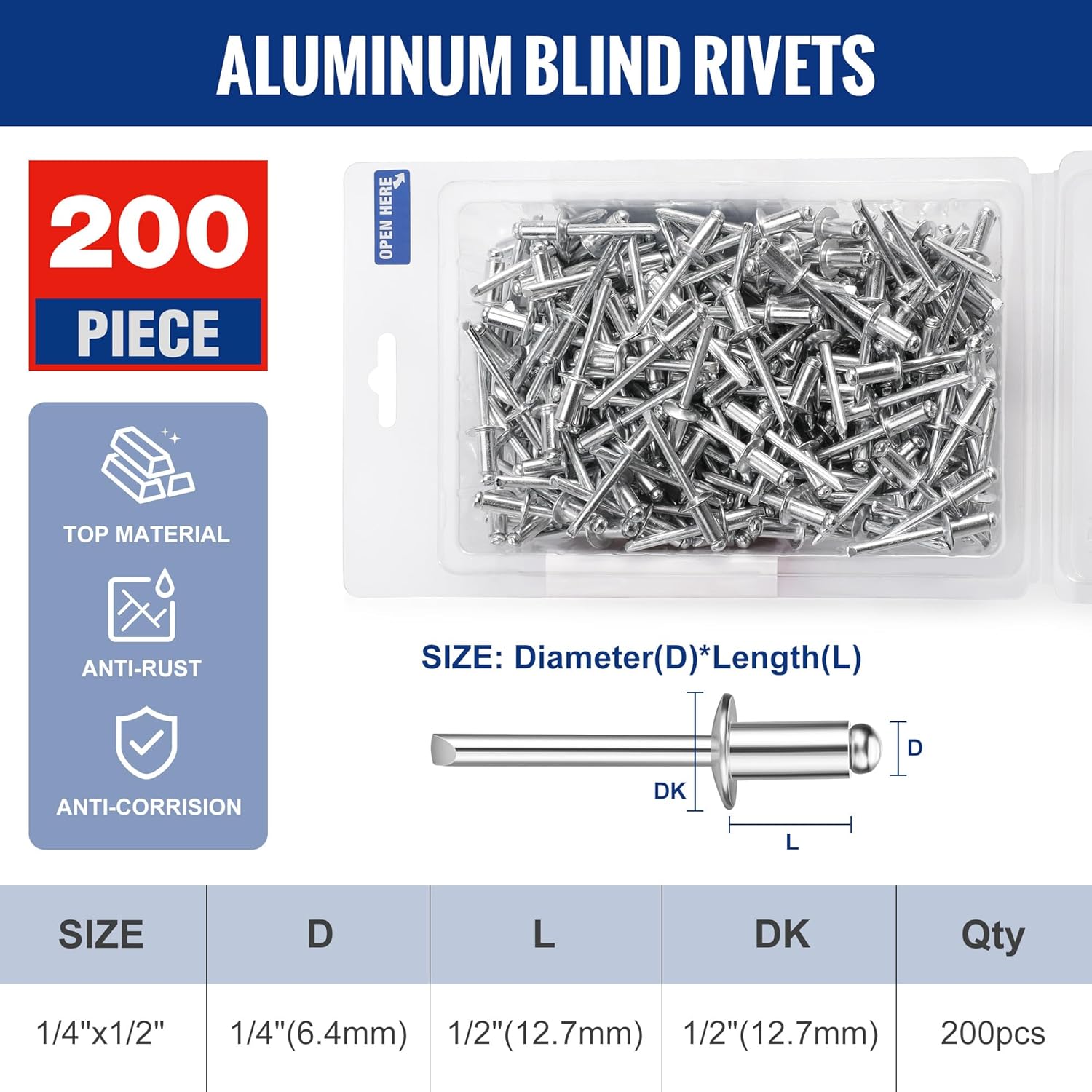 Aluminum blind rivets set in clear tray, 200 pieces, 1/4 in x 1/2 in size, silver