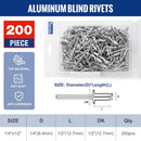 WORKPRO 200Pcs Aluminum Blind Rivets, 1/4" x 1/2" Pop Rivets Assortment, Aluminum Grip and Steel Mandrel, for Metal, Marine Boat, Automotive, Railway, and Duct Work- Pack of 200, Silver