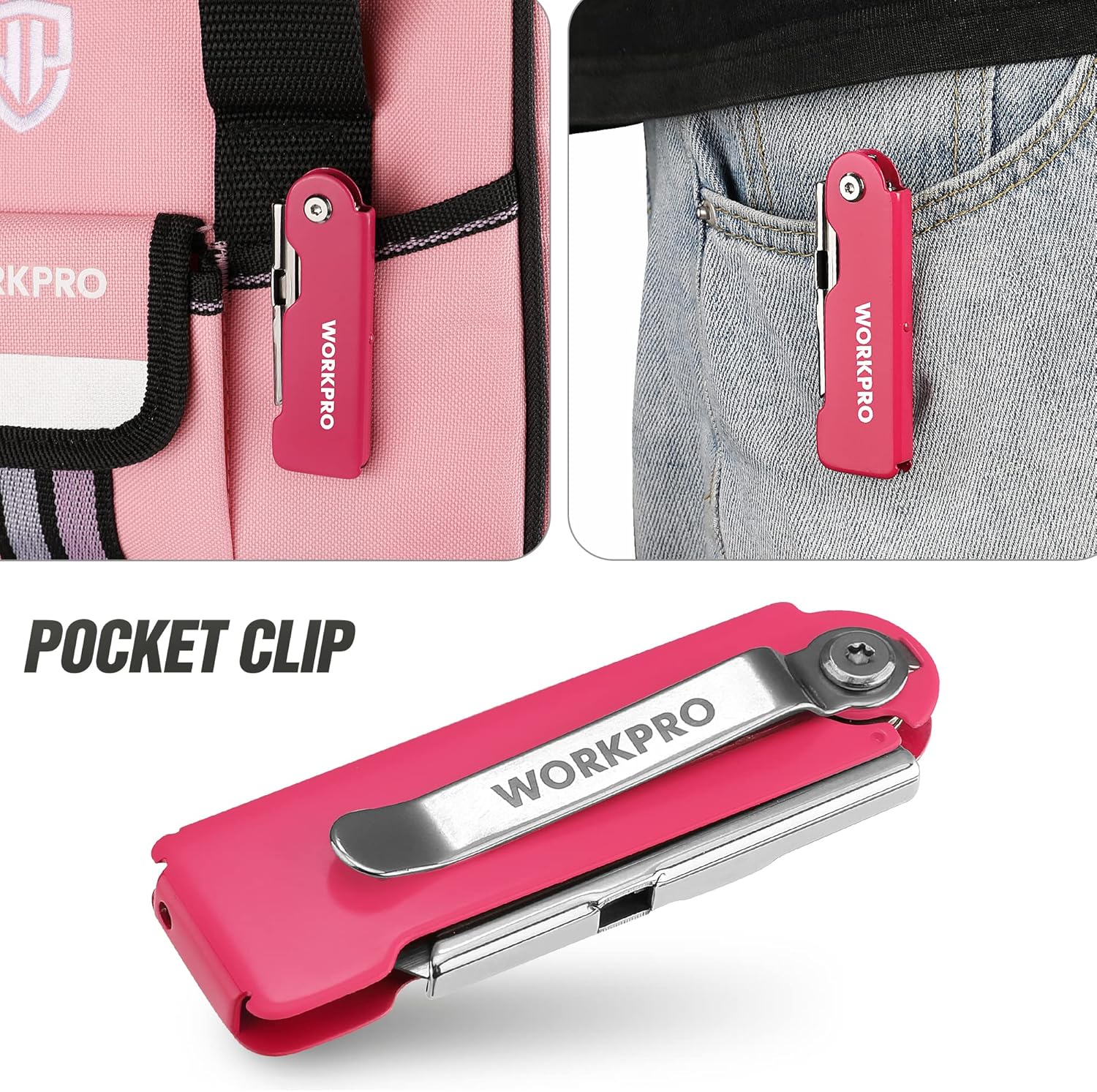 Pocket-clip folding utility knife in pink with exposed metal blade