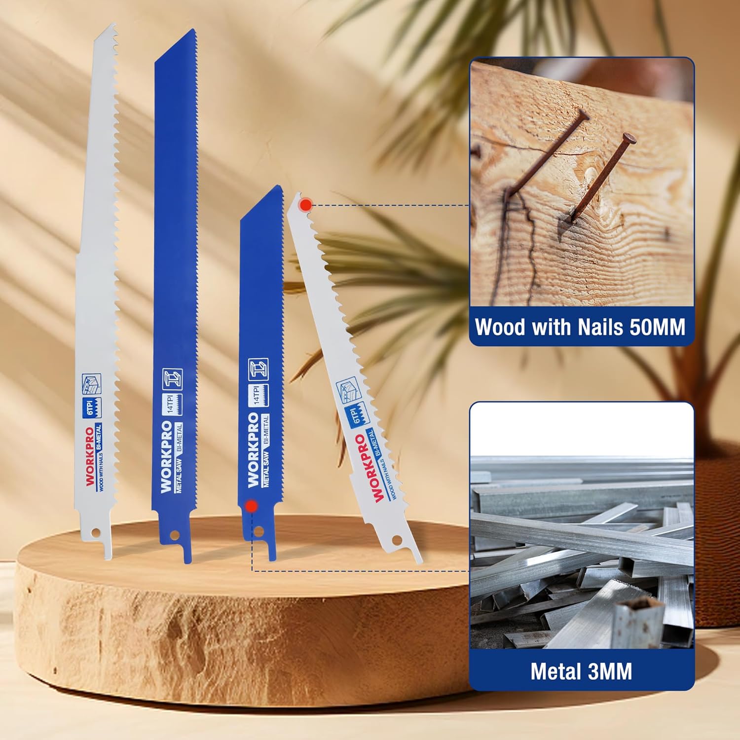 BIM reciprocating saw blades for nailed wood, shown upright on a timber log