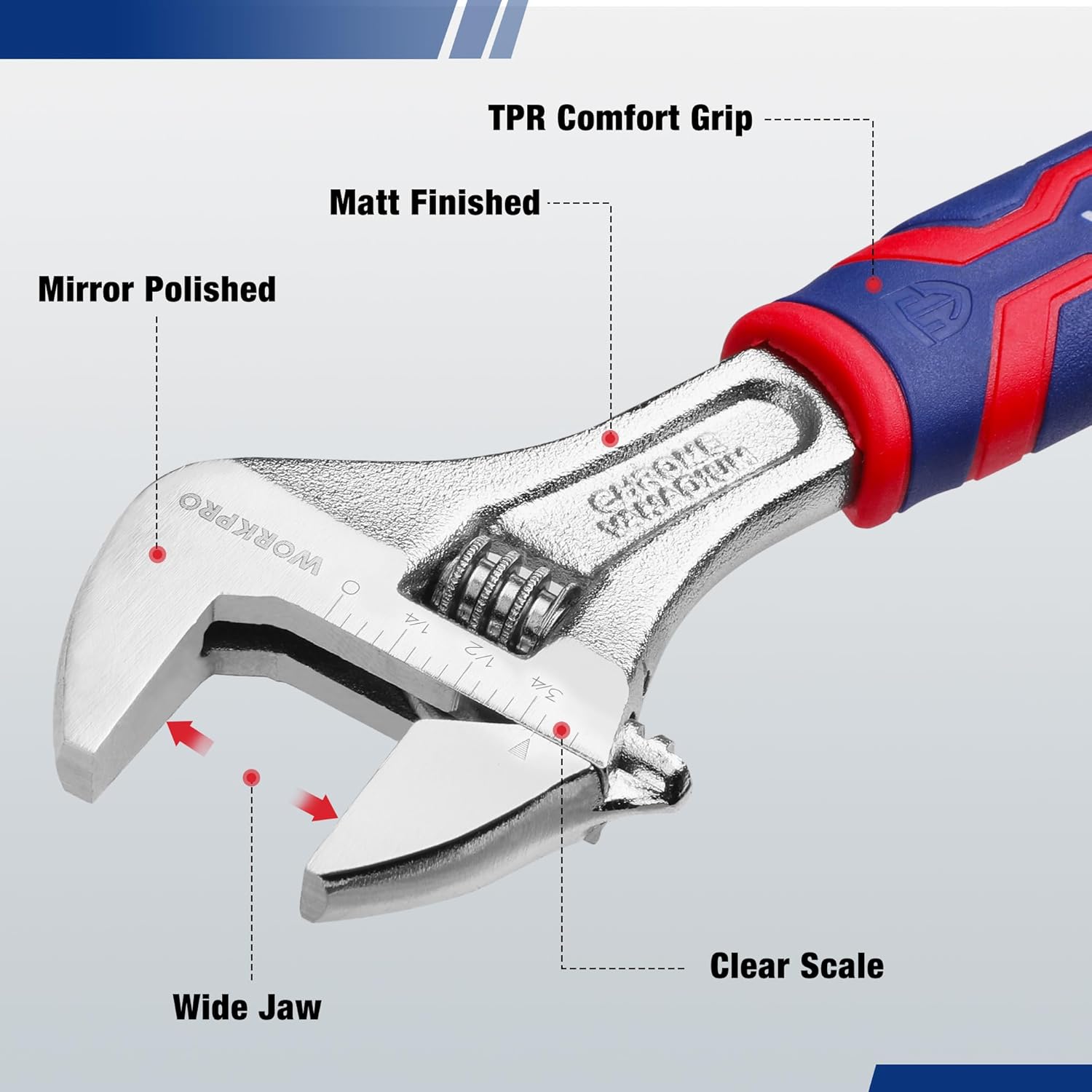 Chrome adjustable wrench with mirror-polished head, knurled adjuster, clear scales