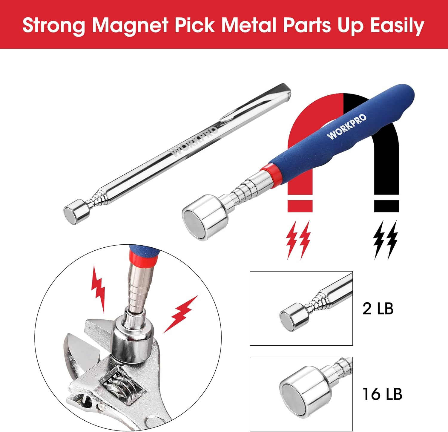 WORKPRO telescoping magnetic pickup tools with chrome rods and blue ergonomic handles