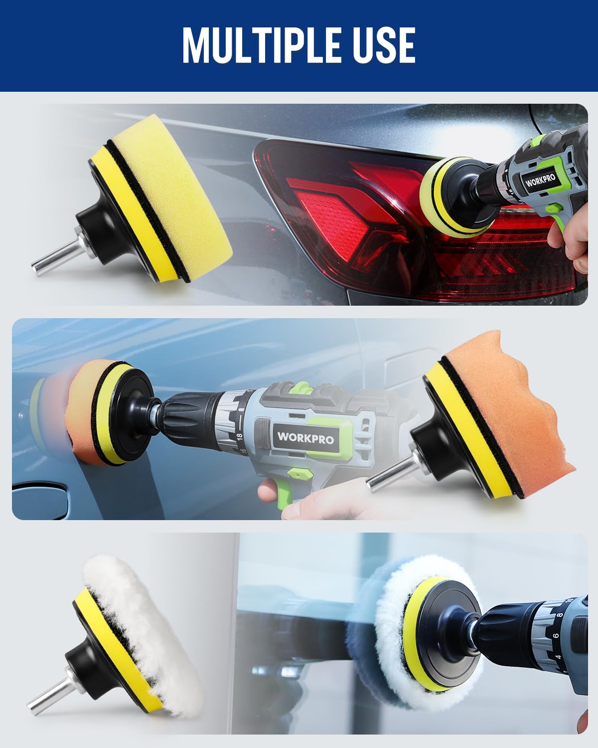 Foam polishing pads mounted on drill buffer for car polishing, waxing, sealing