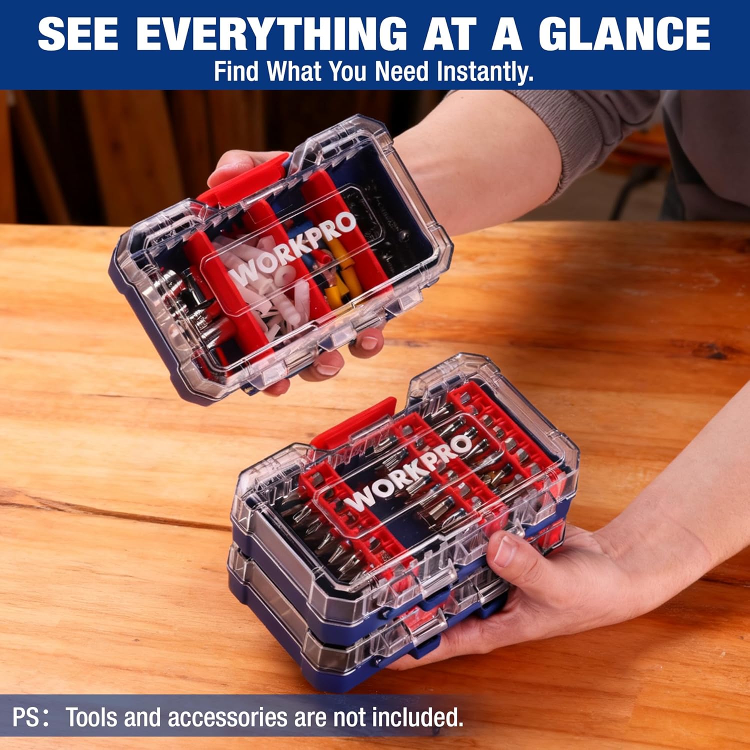 Small parts organizer case held open with clear lid, red dividers, and hardware inside