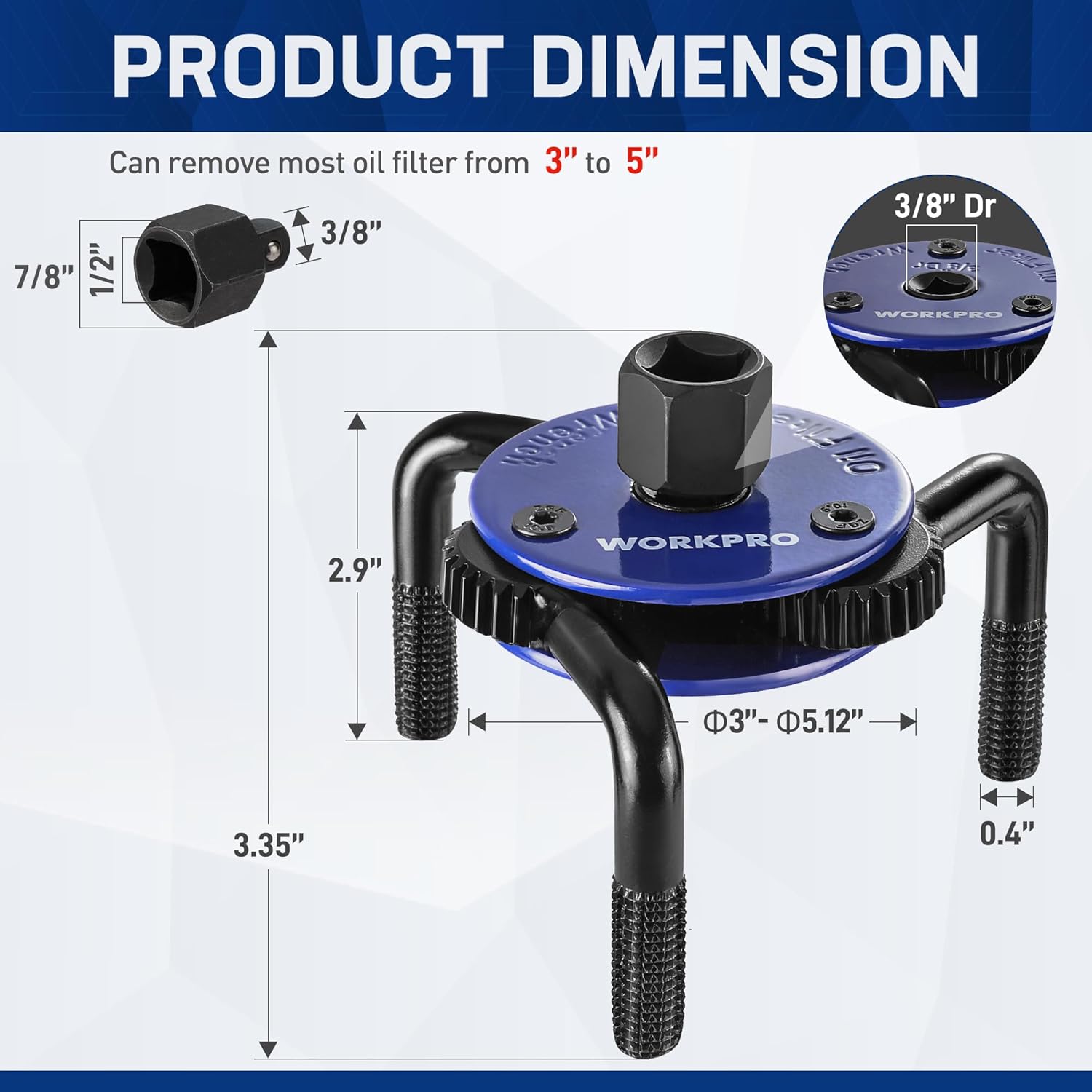 Magnetic adjustable oil filter wrench with blue top plate and three-jaw design