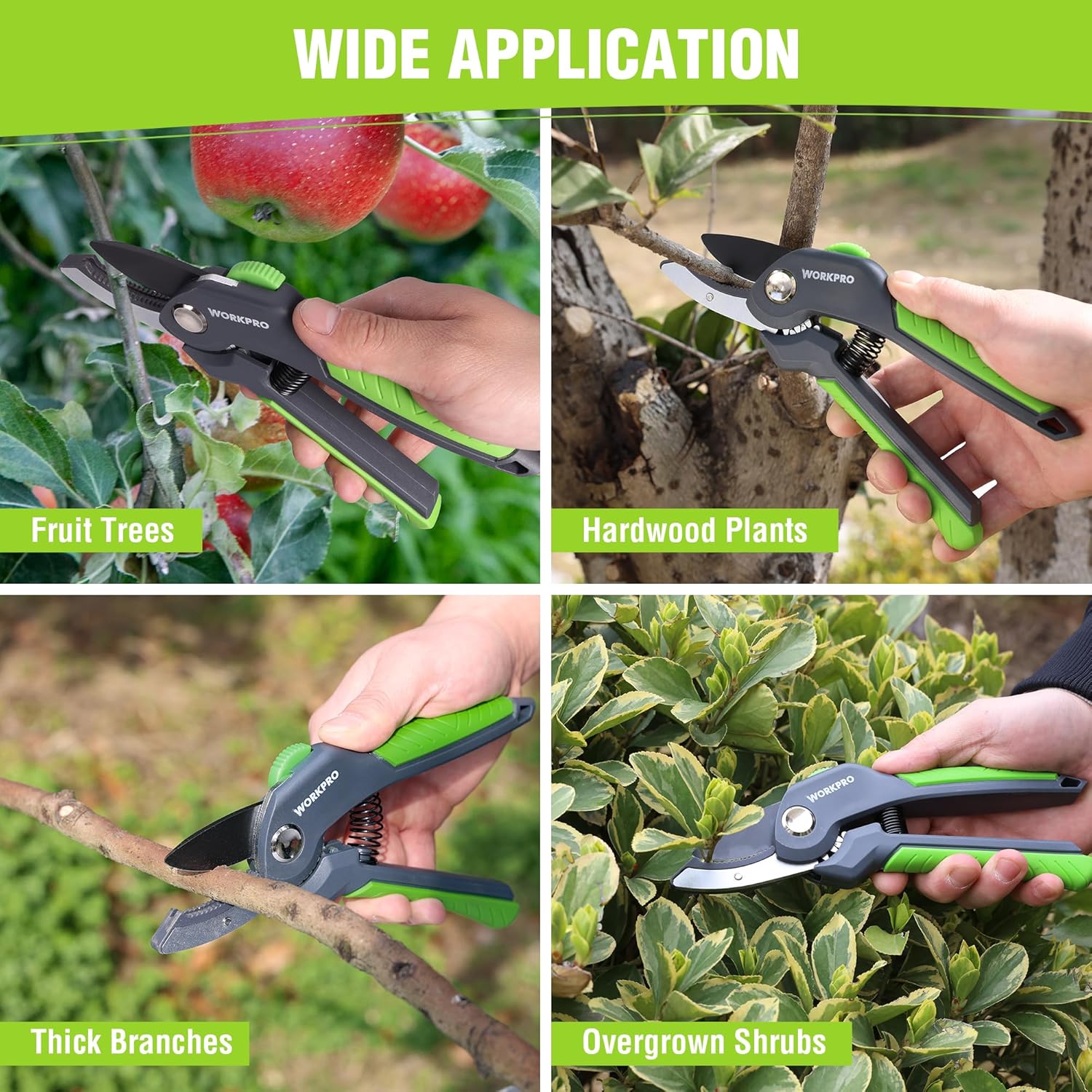 WORKPRO anvil pruning shear for thick branches with green-and-black handheld design