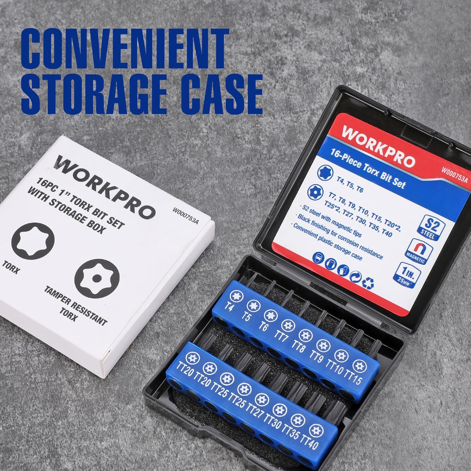 Storage case with compartmented black S2 tamper-proof Torx bits and outer box