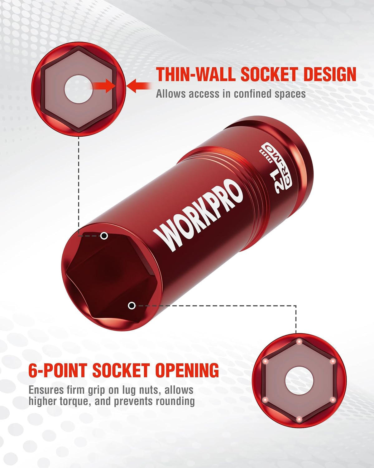 Thin-wall 21 mm lug nut socket with 6-point opening for access in confined spaces