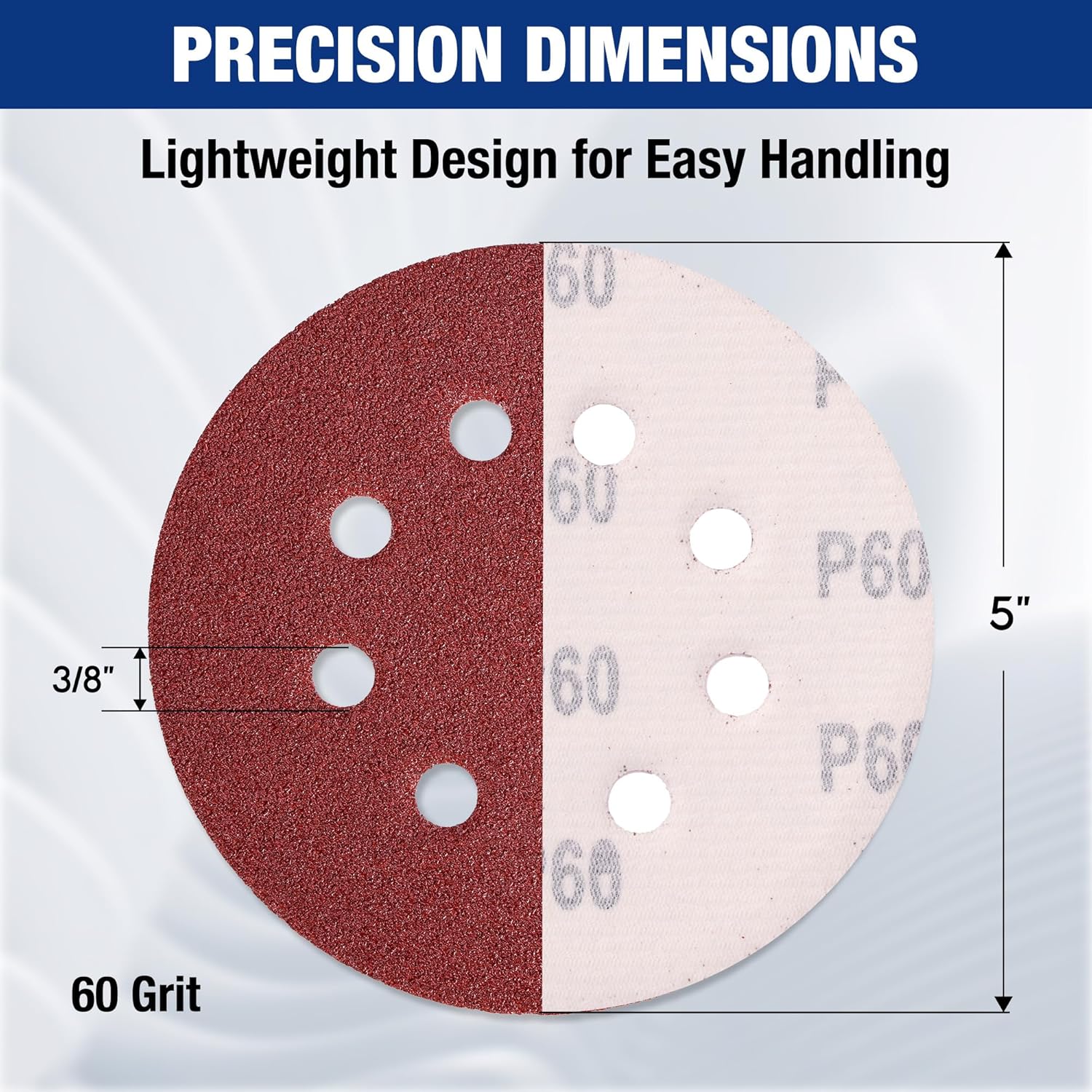 WORKPRO 60-grit 5-inch sanding disc with 8 holes, shown with size markings
