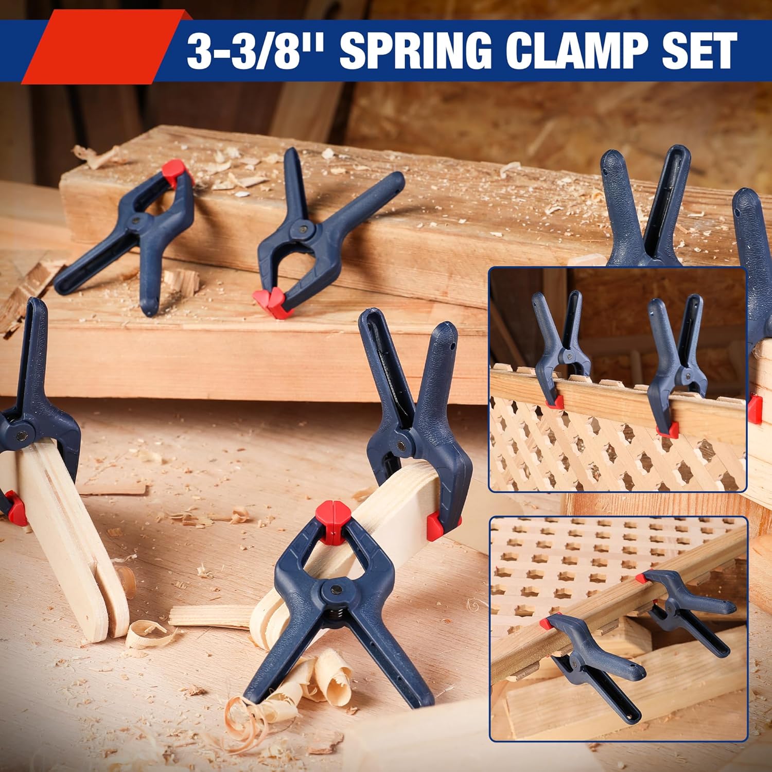 16-piece dark blue nylon spring clamp set with red pads for holding wood boards