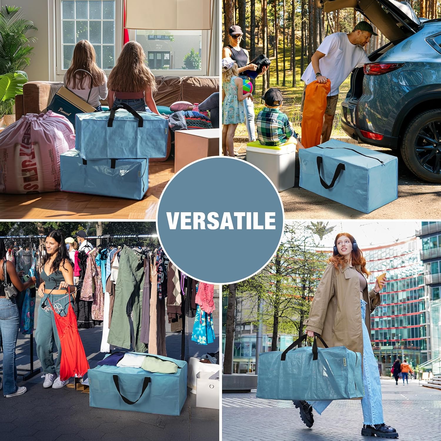 Dusty blue moving storage bags with handles and zippers, used for shopping or moving