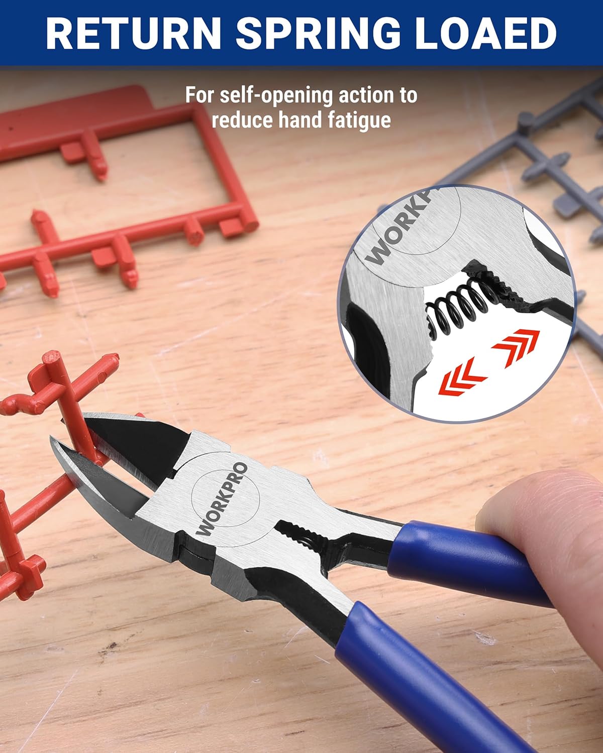Spring-loaded flush cutters with blue handles cutting wire on a wooden board