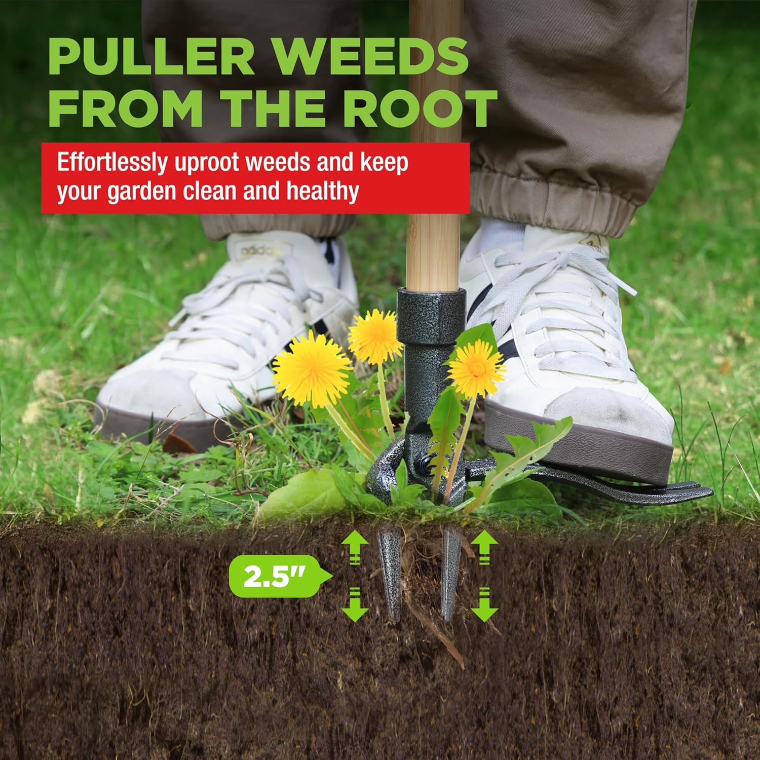 Weed puller tool with bamboo handle and four-claw head for root weed removal