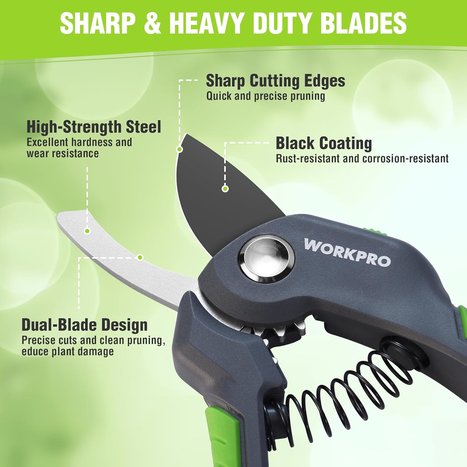 WORKPRO bypass pruning shears with dual-blade design and black coated steel cutting edges