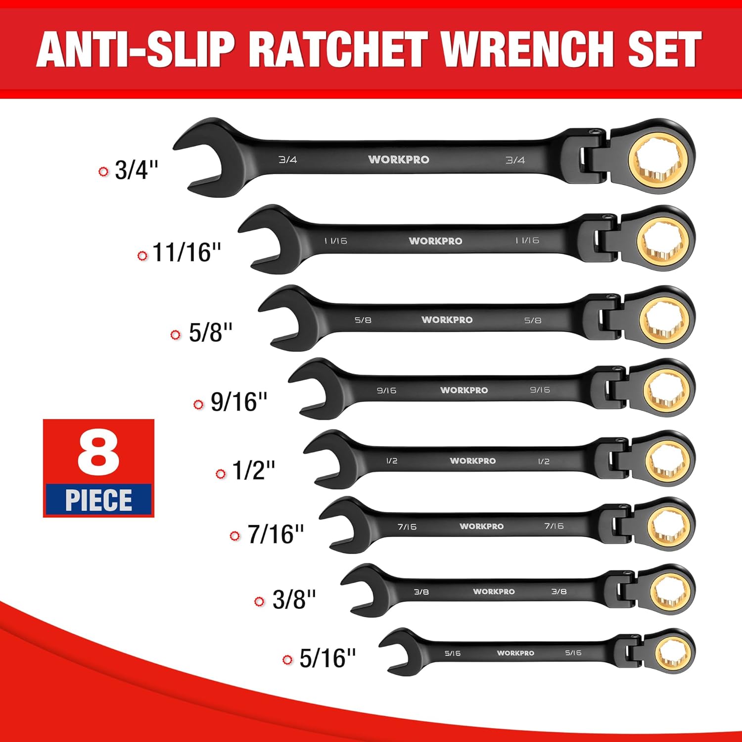 Black anti-slip ratchet wrench set showing multiple sizes, each with gold drive opening