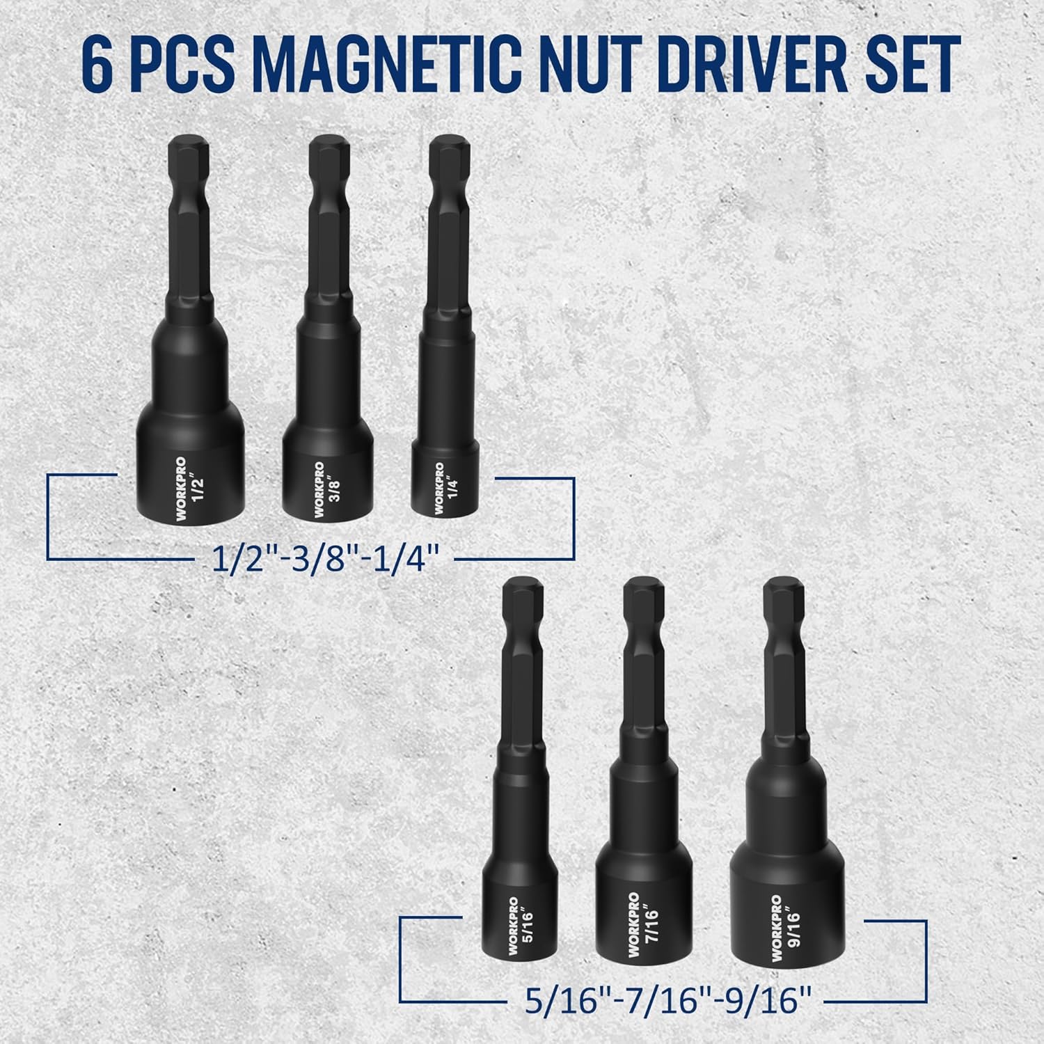 6-piece magnetic nut driver set with black hex shank deep sockets, multiple sizes