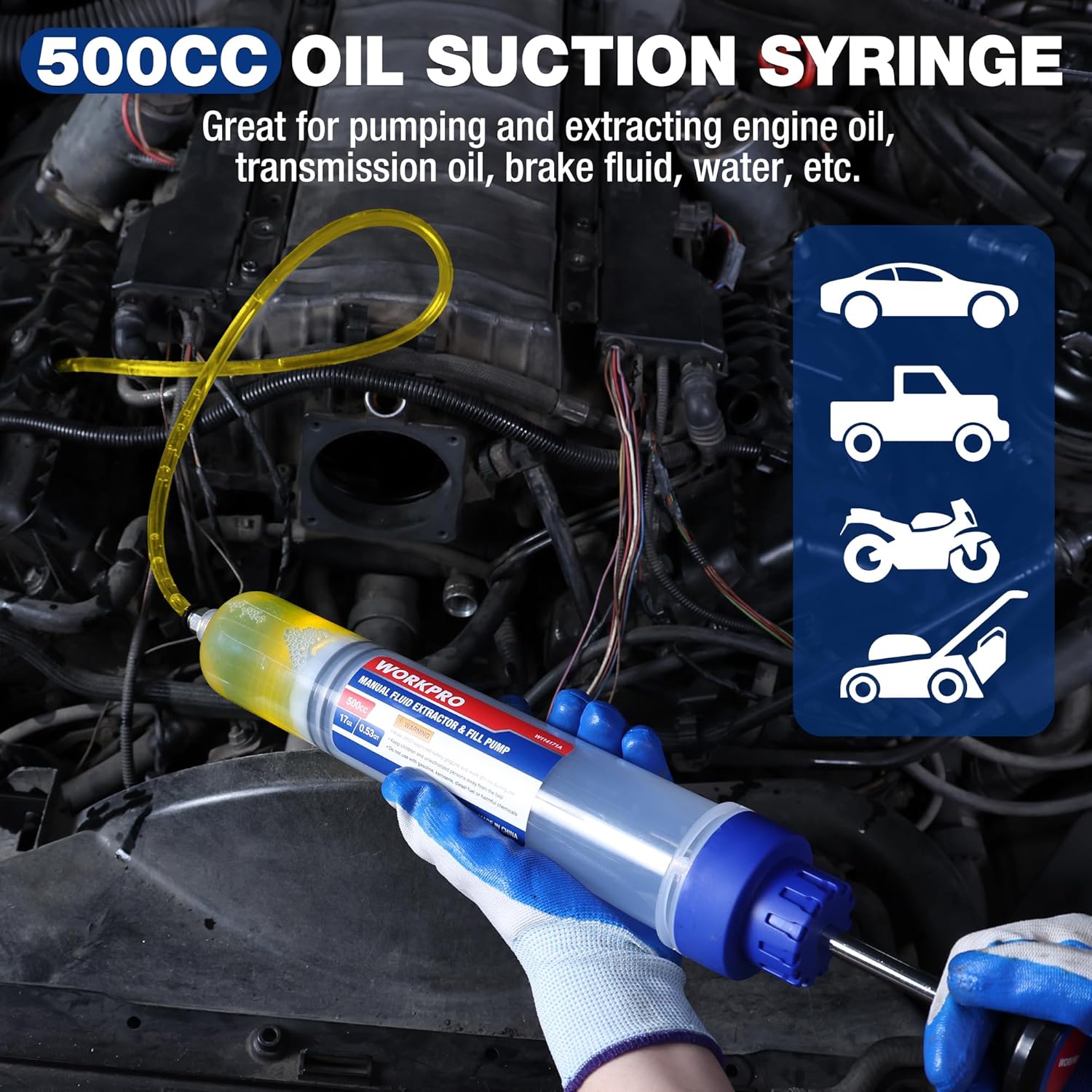 Manual oil suction syringe with blue pump head and suction tube for fluid extraction