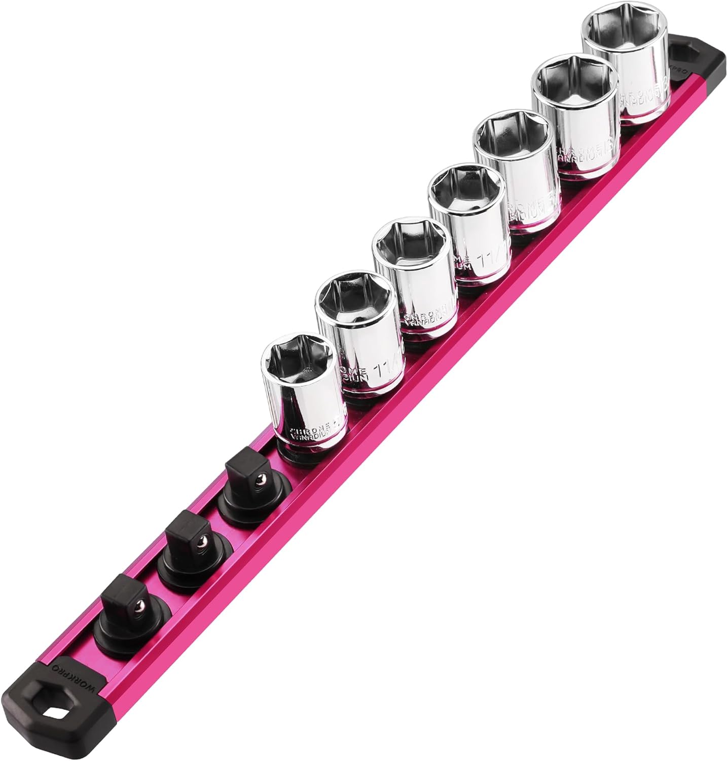 Rose red magnetic socket rail holding multiple chrome sockets on black clips