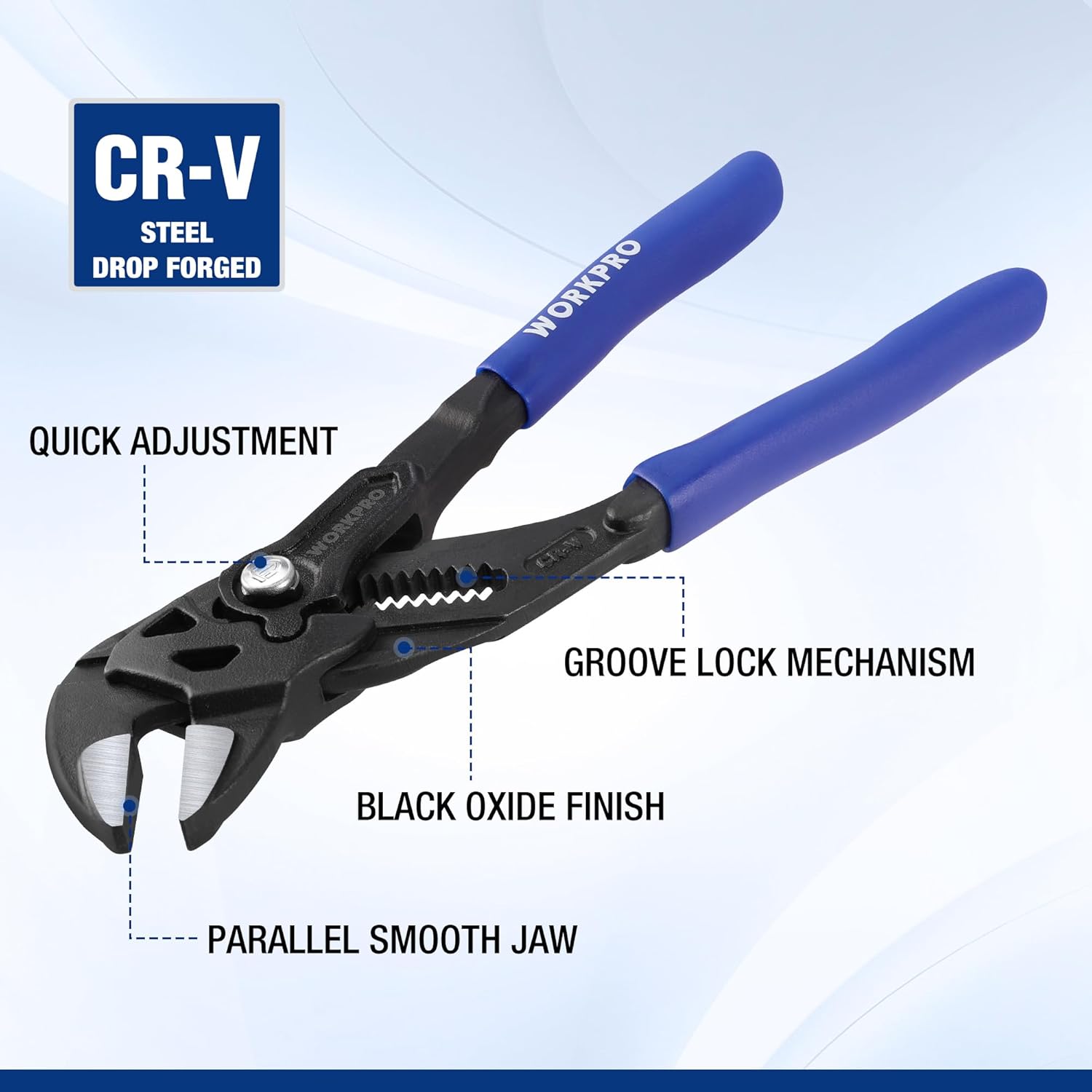 CR-V pliers wrench with blue handles, grooved lock mechanism, parallel smooth jaws
