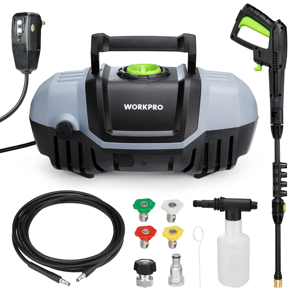 Compact electric pressure washer main unit with accessories and spray nozzle attachments