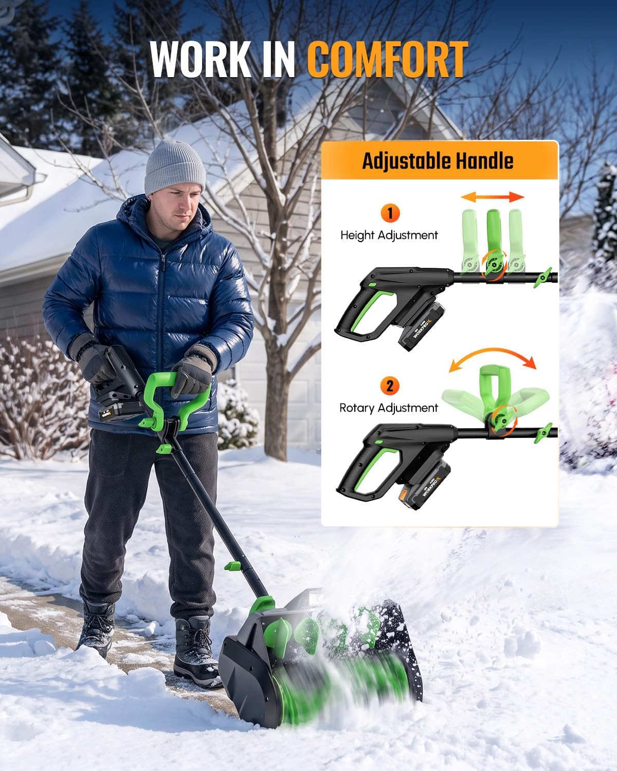 WORKPROX Cordless Snow Shovel, 13-Inch, 20V Battery Included | 23 ft Throw Distance, 4.0Ah Battery, 30° Adjustable Chute, LED Lights, Lightweight, For Steps, Walkways & Driveways