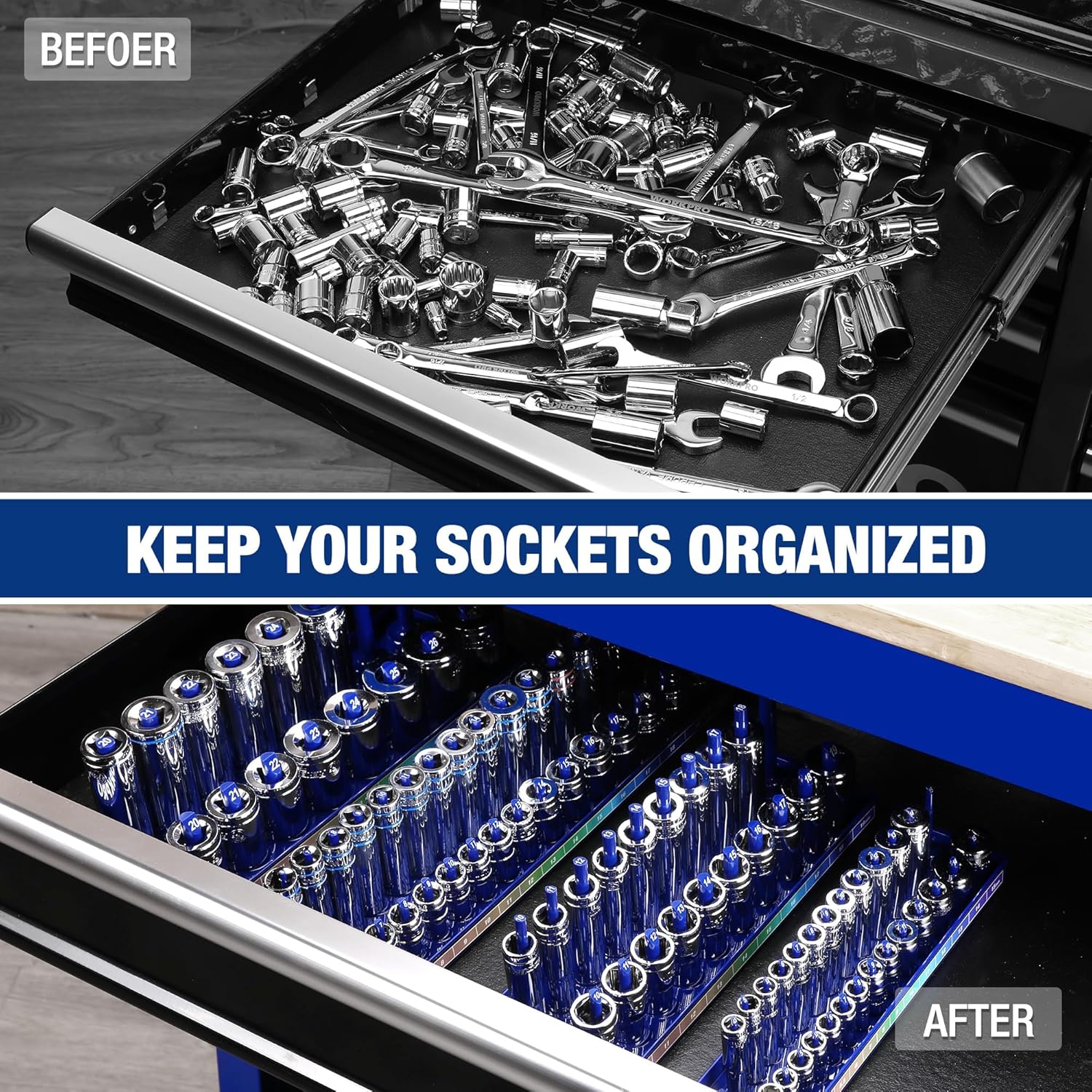 Metal tool drawer insert with blue socket trays and sockets neatly arranged in rows