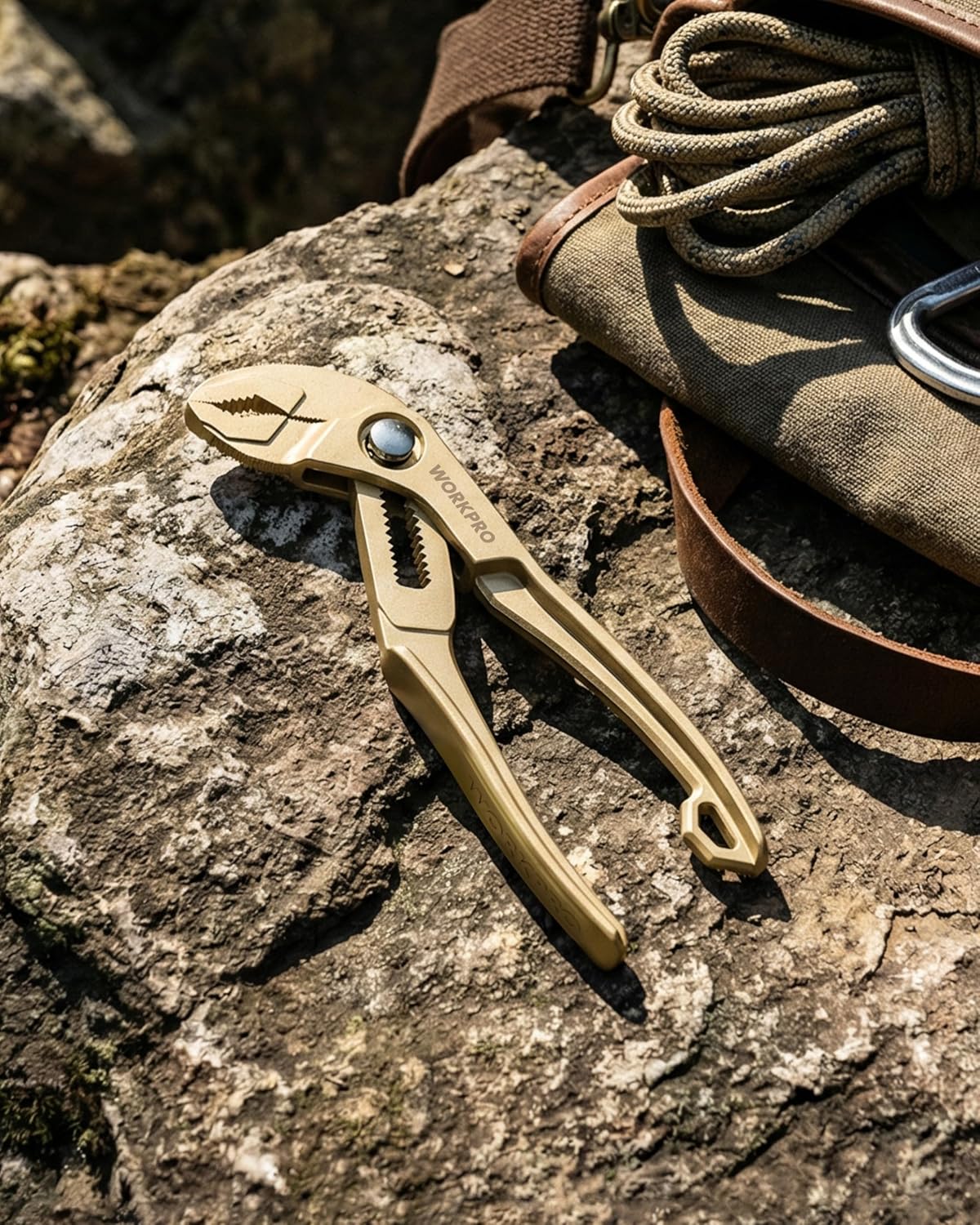 WORKPRO mini water pump plier clipped on outdoor gear strap, champagne finish