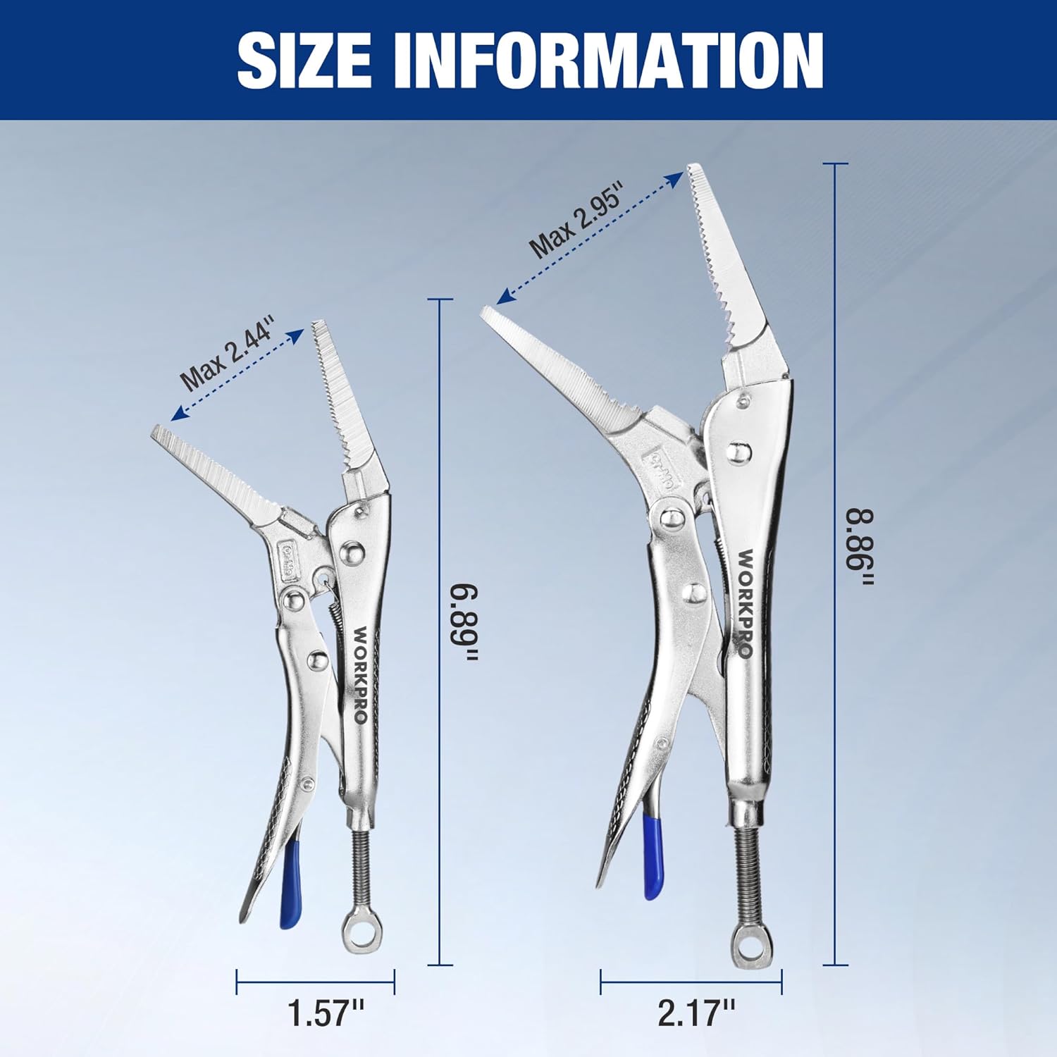 WORKPRO locking pliers size guide showing max 2.44in and max 2.95in jaw openings