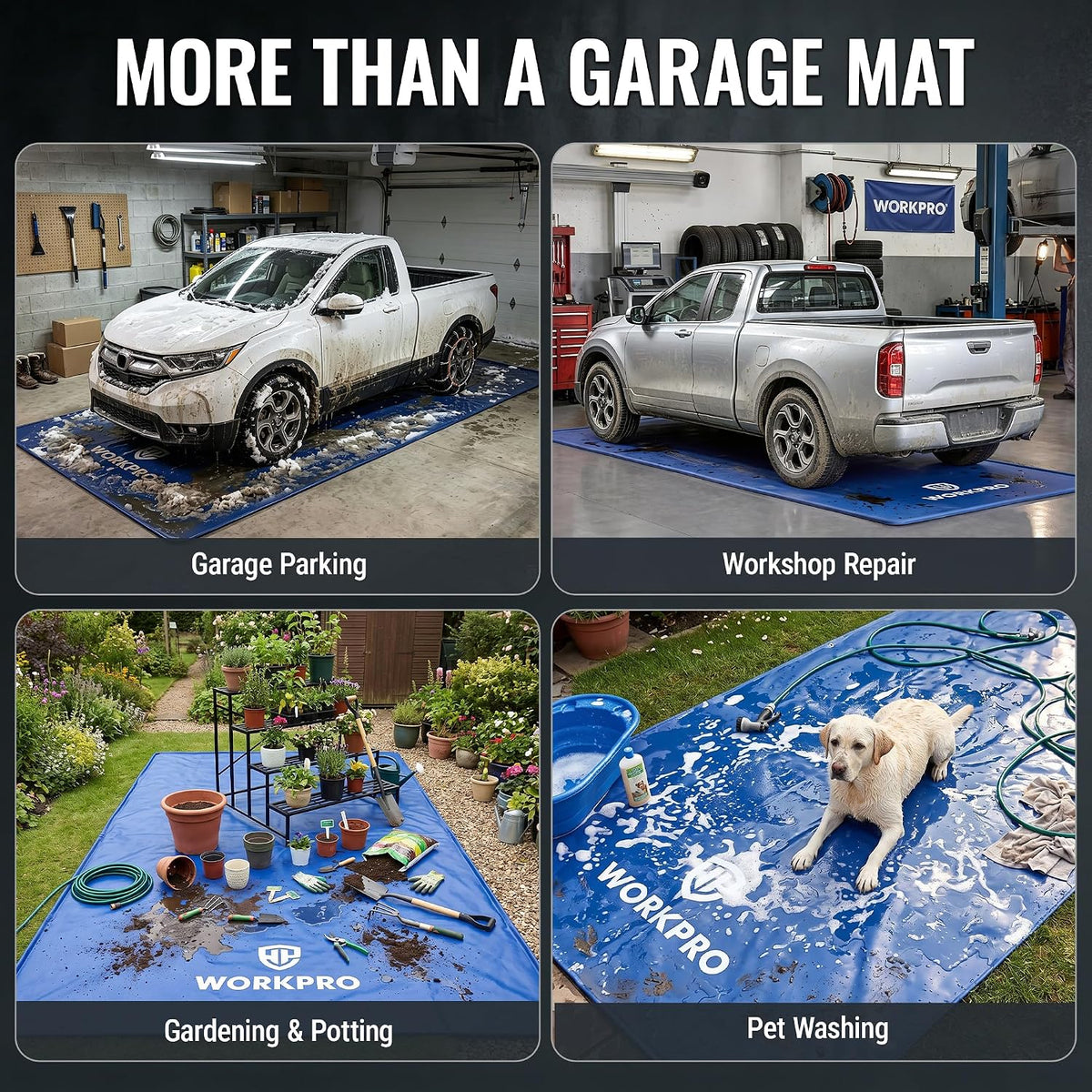 WORKPRO Garage Floor Mat for Under Car, 8.5 ft x 20 ft, Containment Mat | 1-Inch Raised Edge Catches Snow, Ice & Road Salt, 1000D 3-Layer PVC, 8.5 x 20 ft, 22.22 lb, Hook & Loop Tabs, Squeegee