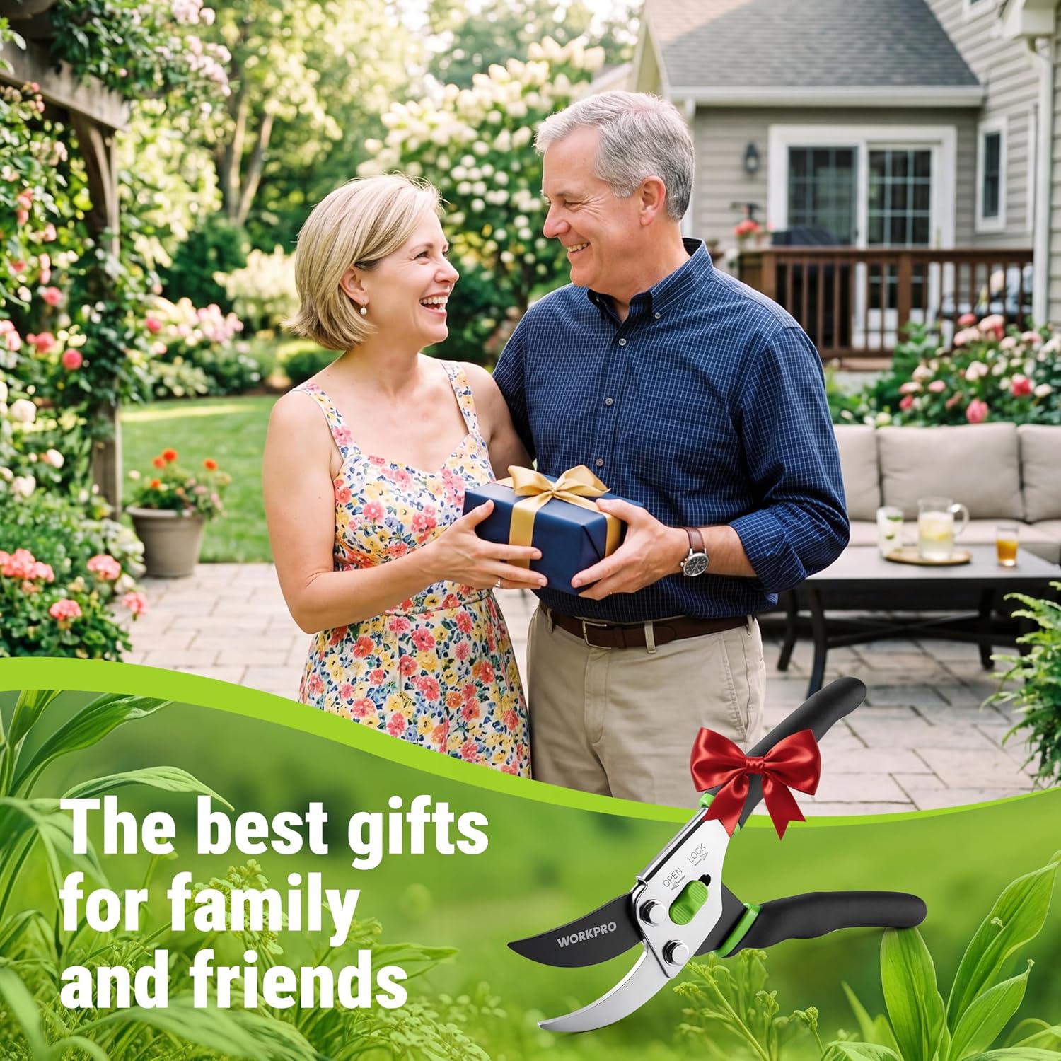 Bypass pruning shears with black and green handles, displayed as a garden gift