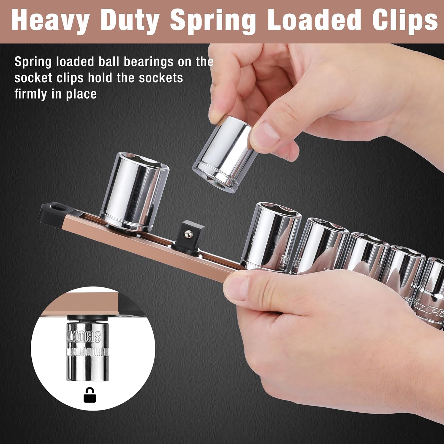 Champagne socket rail with spring-loaded black magnetic clips holding chrome sockets