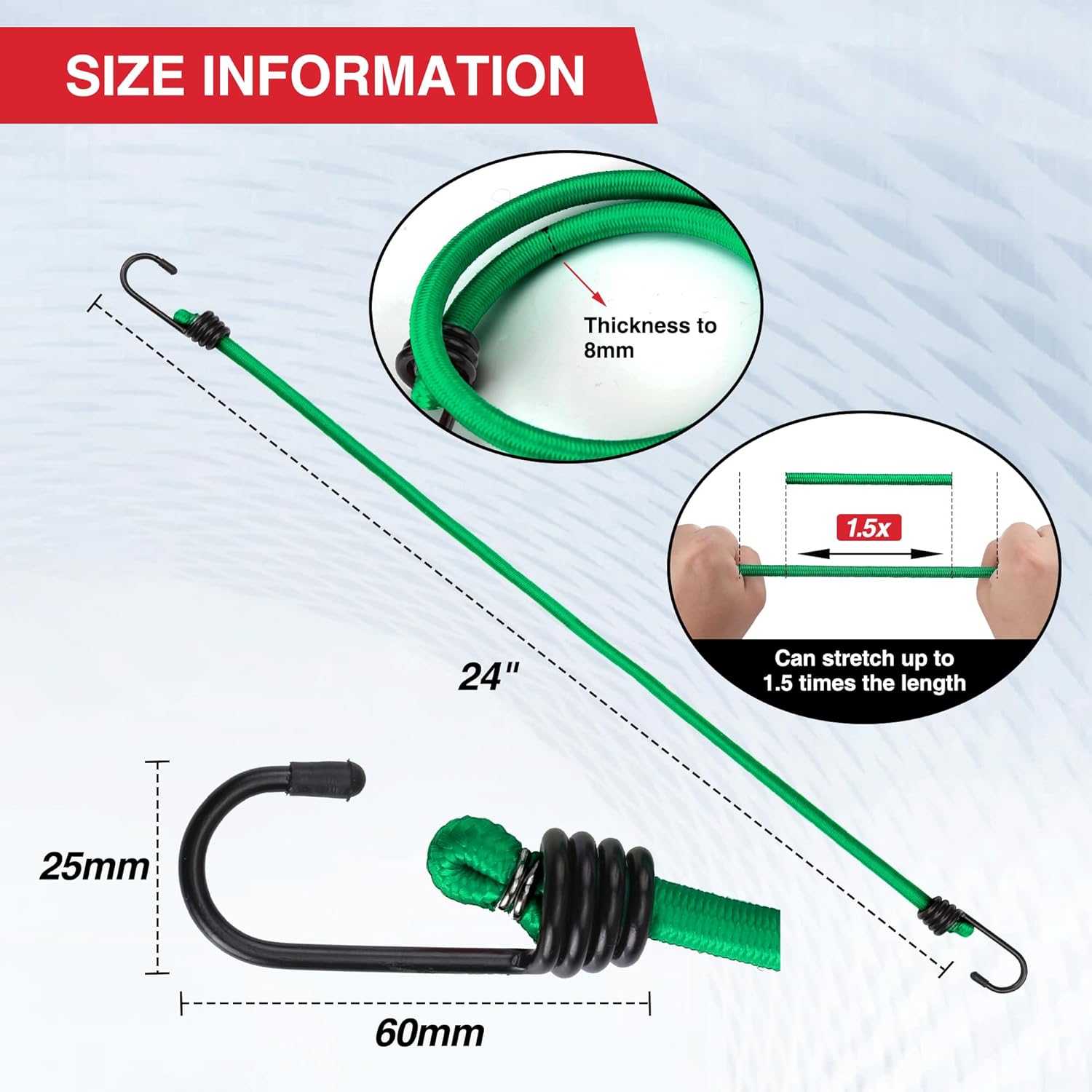 Green bungee cord with black S-hooks and coiled spring section, 24 in length