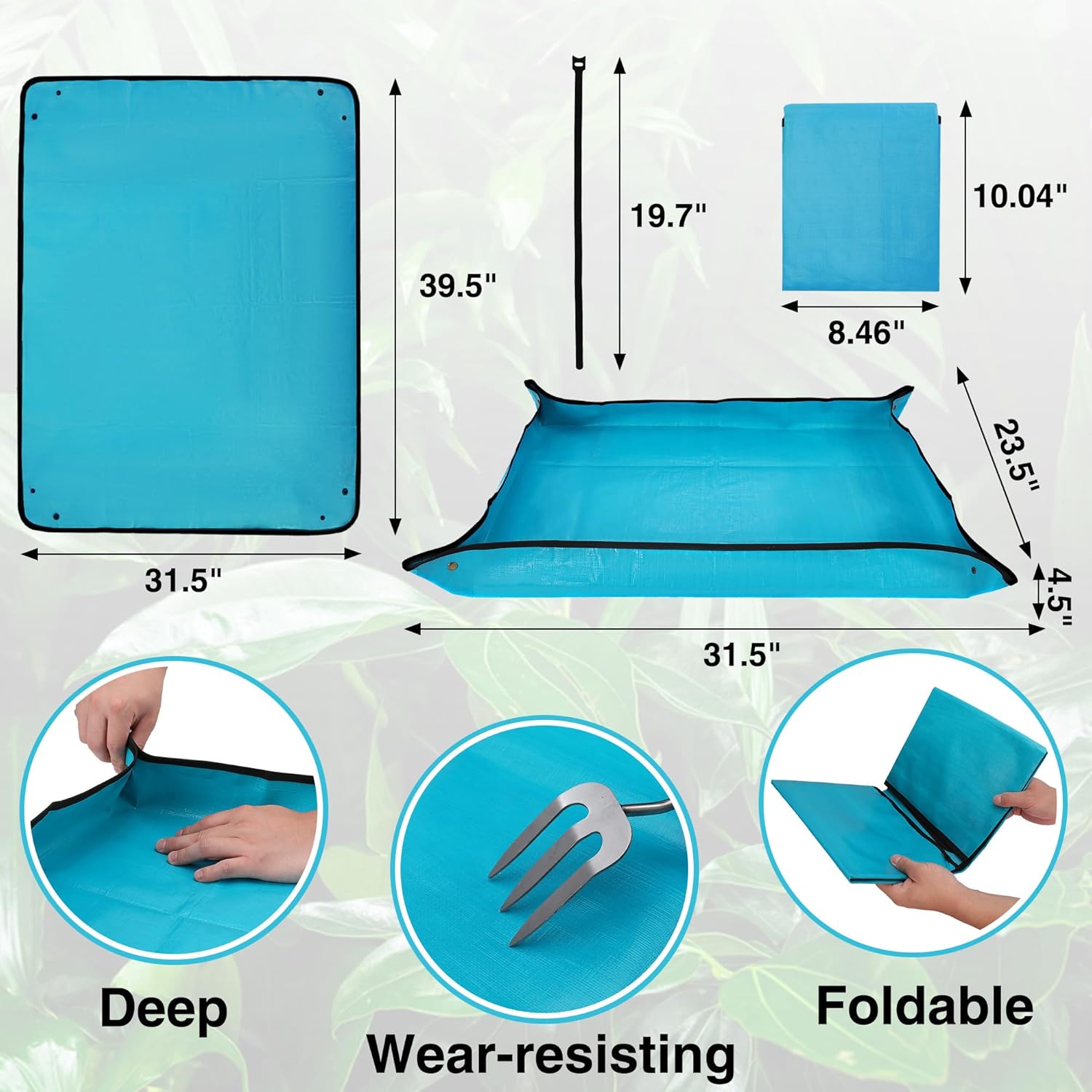 Blue foldable square plant tray with corner grommets and size measurements shown