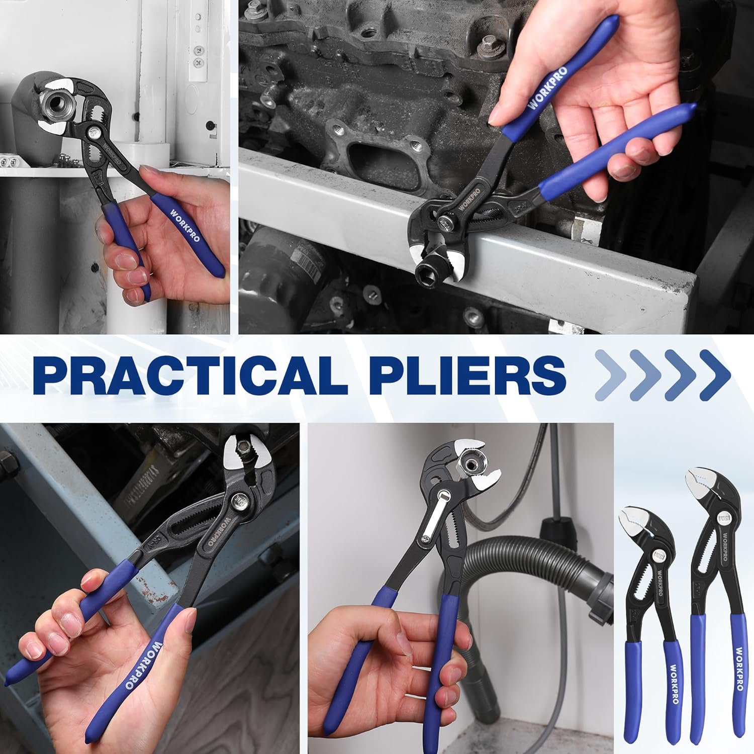 Water pump pliers with blue handles gripping a metal pipe, V-jaw design
