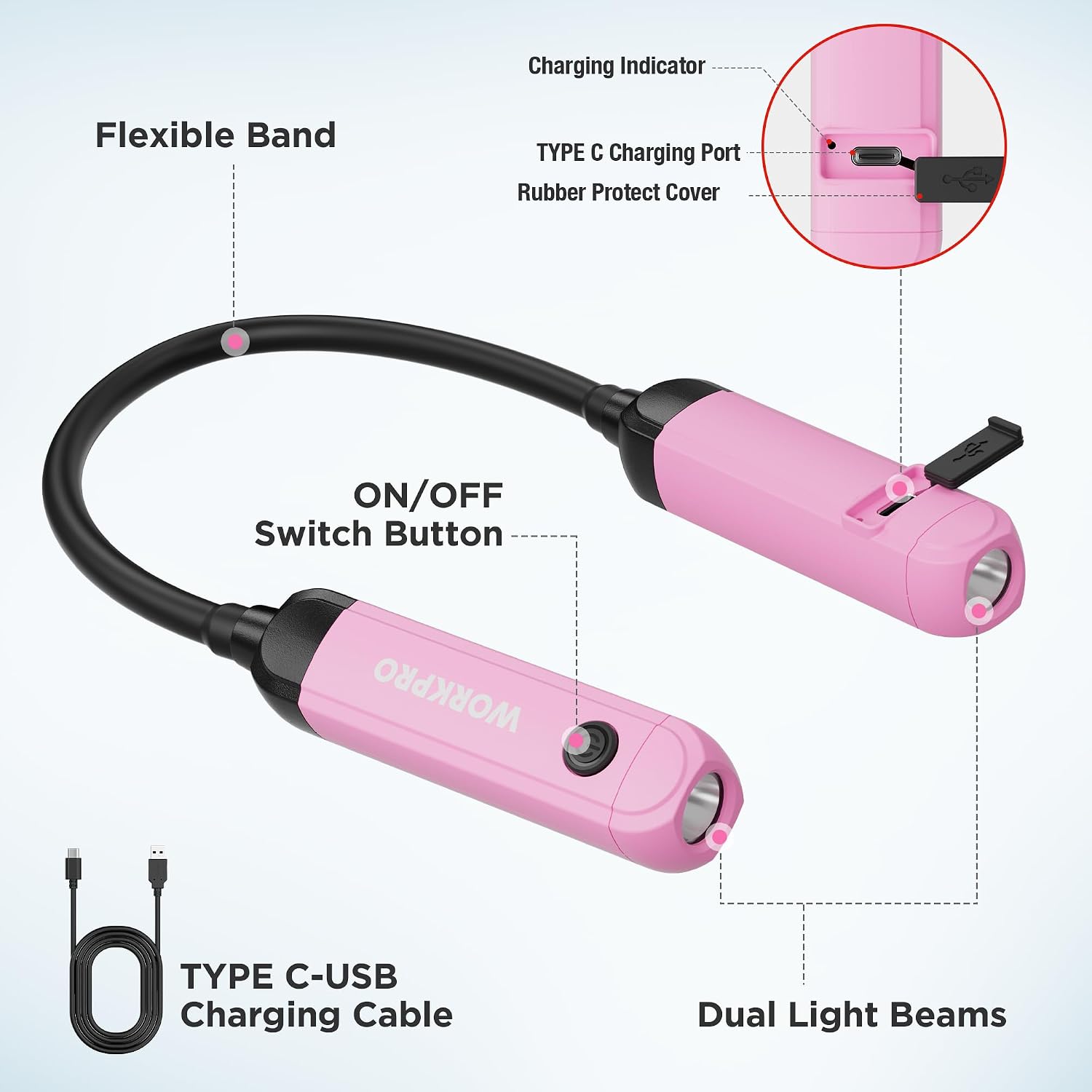 Pink rechargeable neck light with ON/OFF switch, charging indicator, and Type-C cable