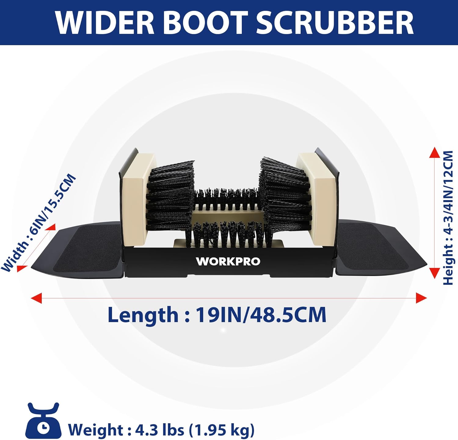 Extra wide boot scrubber brush with black bristles and beige side scrapers