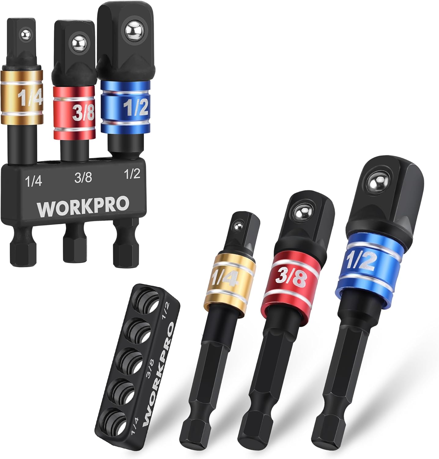 Socket adapter set of 1/4, 3/8, and 1/2 drives with black holders and colored rings