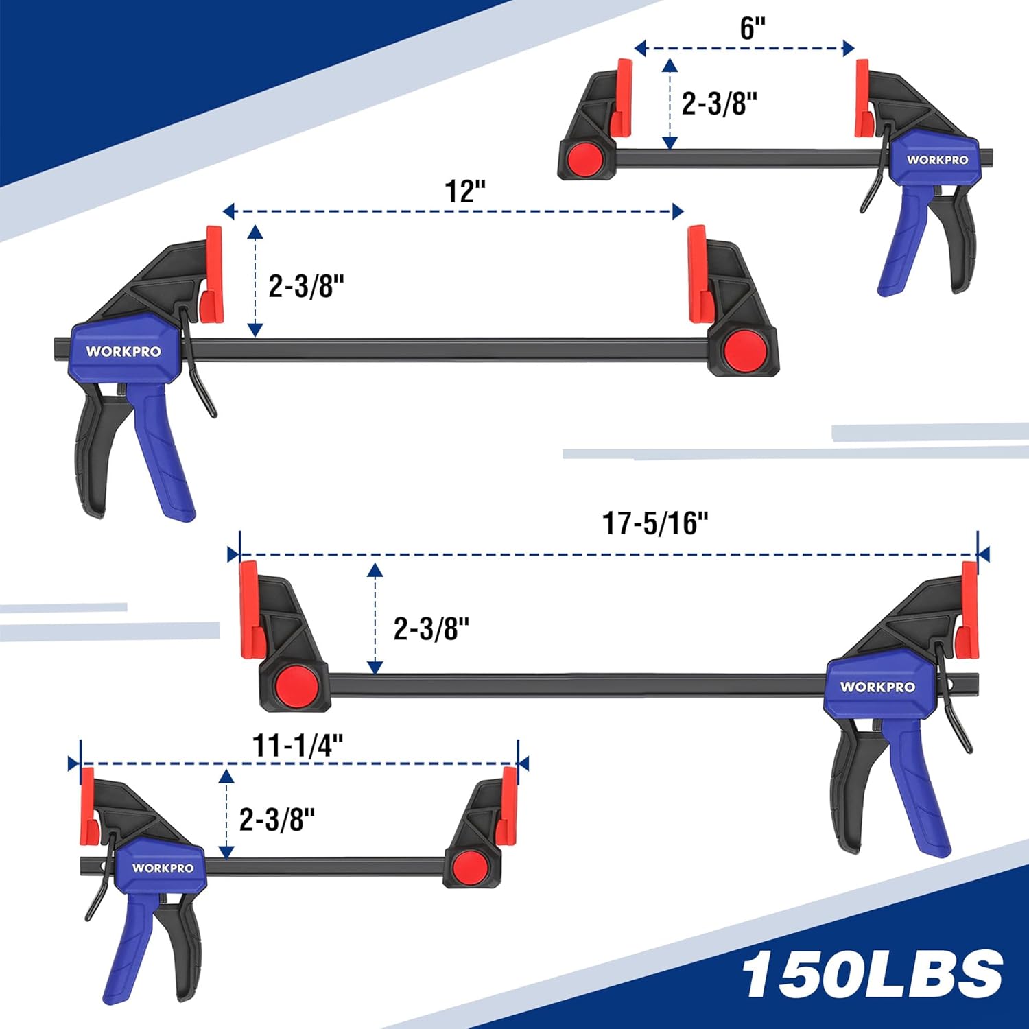 WORKPRO 10-pack bar clamps with blue handles, black jaws, red pads in mixed sizes