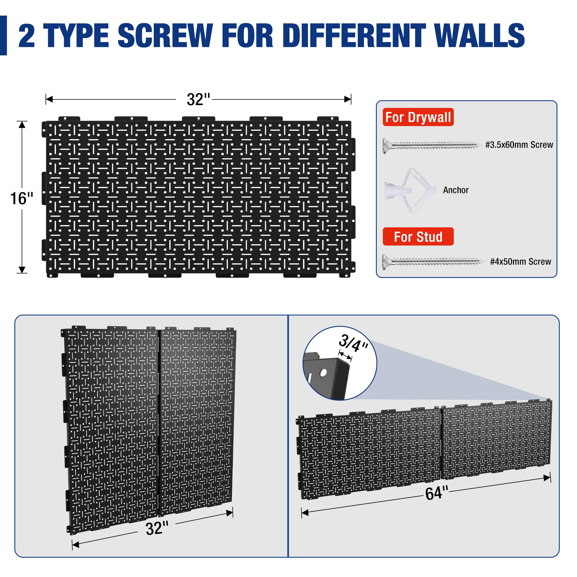 Black metal garage wall pegboard panel with mounting screw hardware diagram