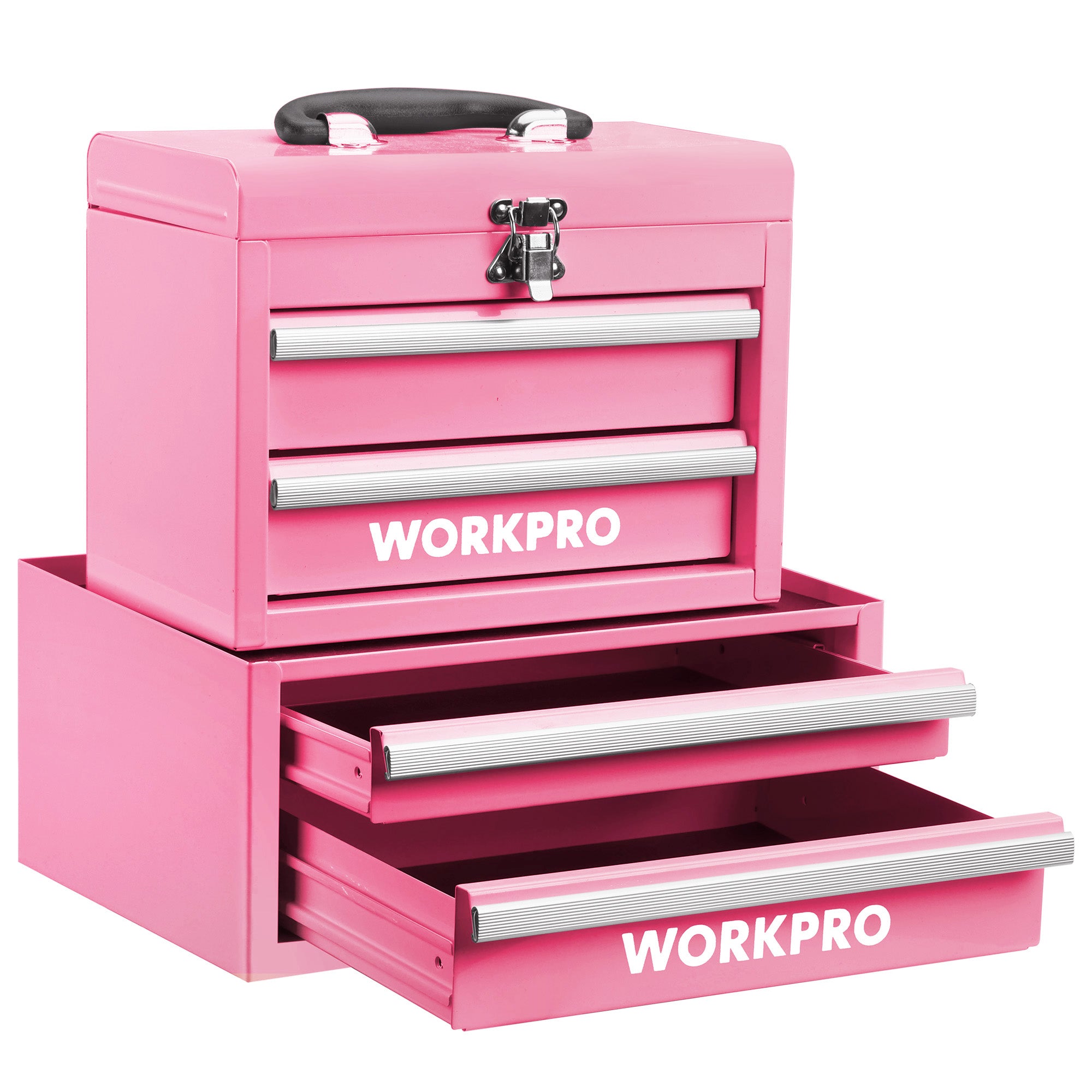 WORKPRO Portable & 12.5" Mini Metal Tool Box, Top Tool Chest Containing Two Drawers - Pink Ribbon